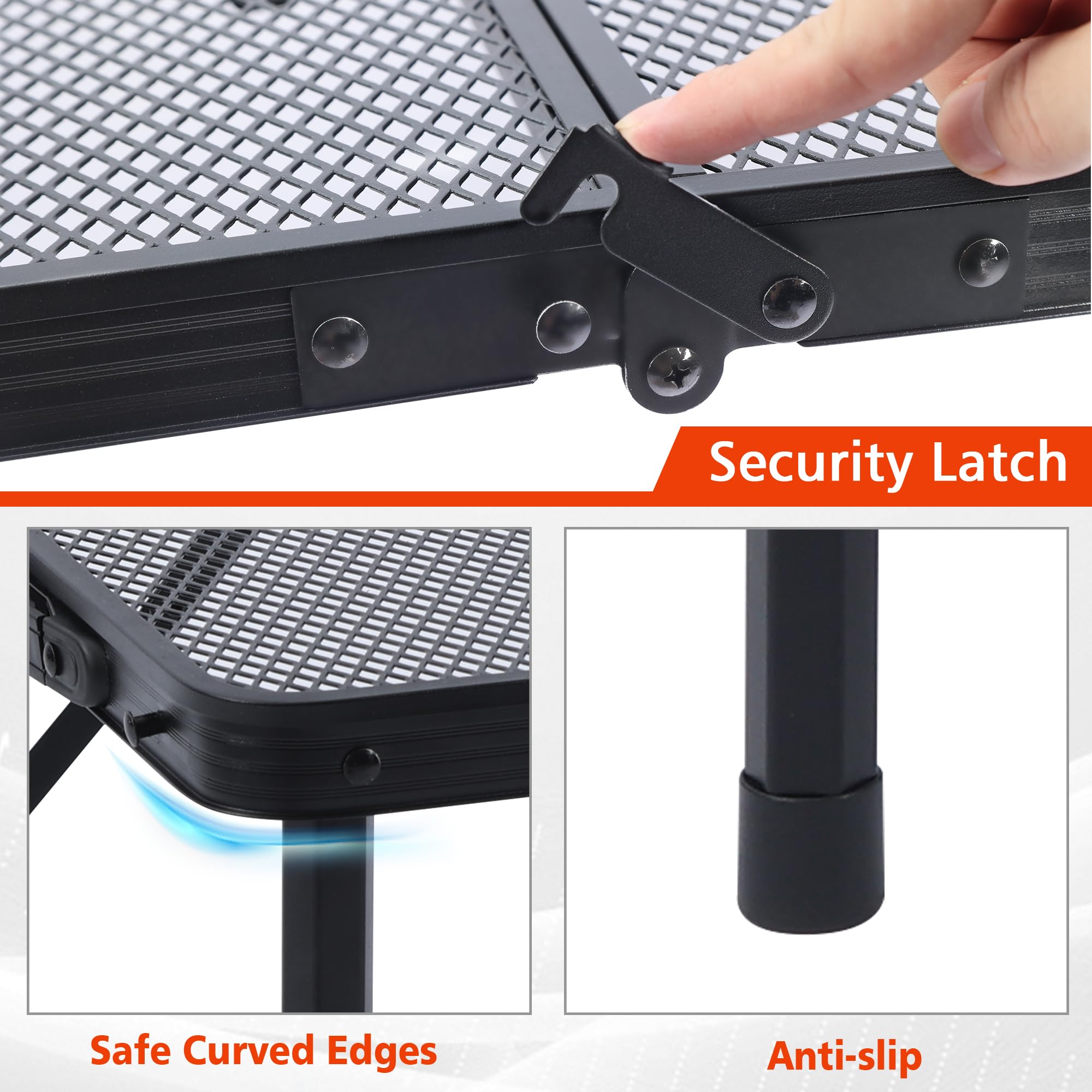 **2x1.3 FT Portable Folding Camping Table - Lightweight Adjustable Height Metal Grill Table with Mesh Desktop & Carry Bag - Perfect for Outdoor Camping, Picnic, Beach & BBQ (Black)**    *(Use Cases: Ideal for camping trips, backyard BBQs, beach outings, picnics, tailgating, and outdoor dining.)*