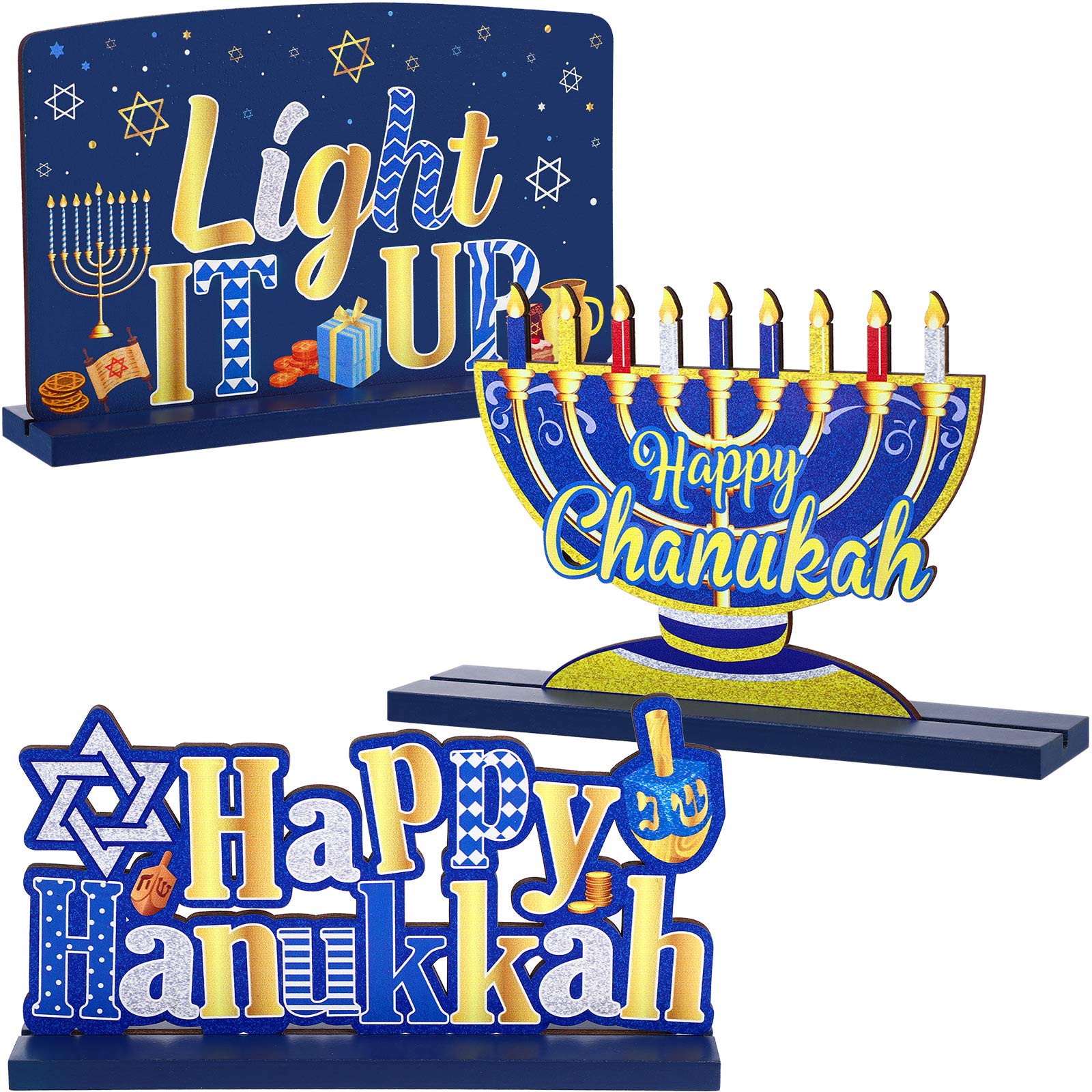 Wooden Menorah Sign & Dreidel Hanukkah Table Centerpiece - 3-Piece Set for Winter Snow Day, Chanukkah Party, Dinner & Coffee Tier Tray Decorations - Perfect for Holiday Home Decor & Jewish Festival Celebrations