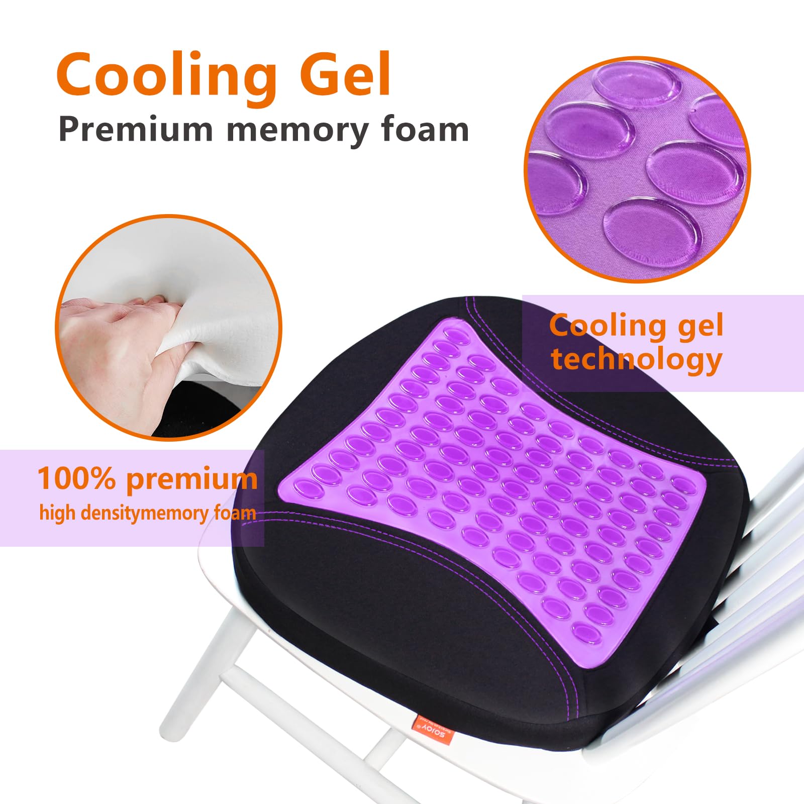 Sojoy Purple Cooling Gel Seat Cushion - Memory Foam Office Chair Pad for Back Pain, Sciatica & Tailbone Relief - Ergonomic Support for Office Chairs, Wheelchairs, Car & Truck Seats - Perfect for Long Sitting, Work from Home & Driving Comfort
