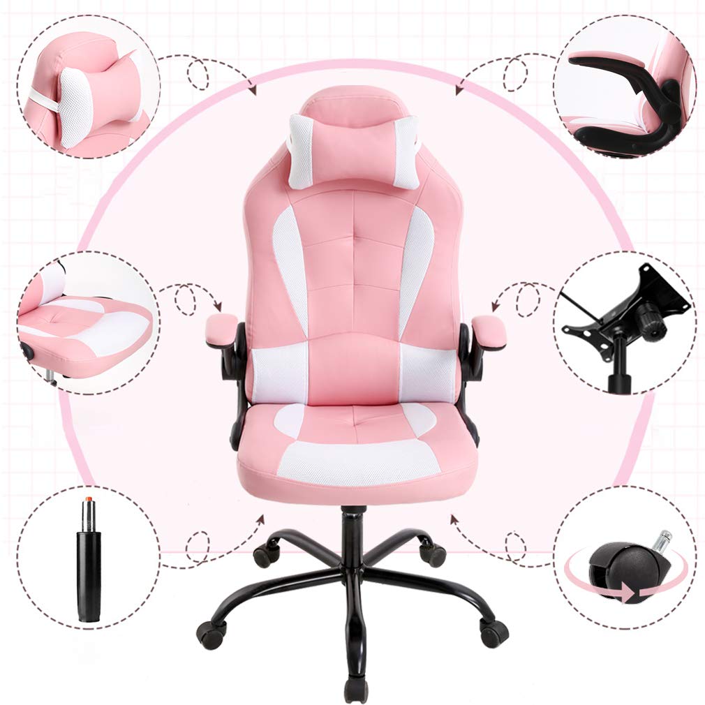 Ergonomic Gaming Chair with Lumbar Support & Flip-Up Arms - Adjustable Pink PU Leather Racing Office Chair for Women - Perfect for Home Office, Gaming Setup & Computer Workstations