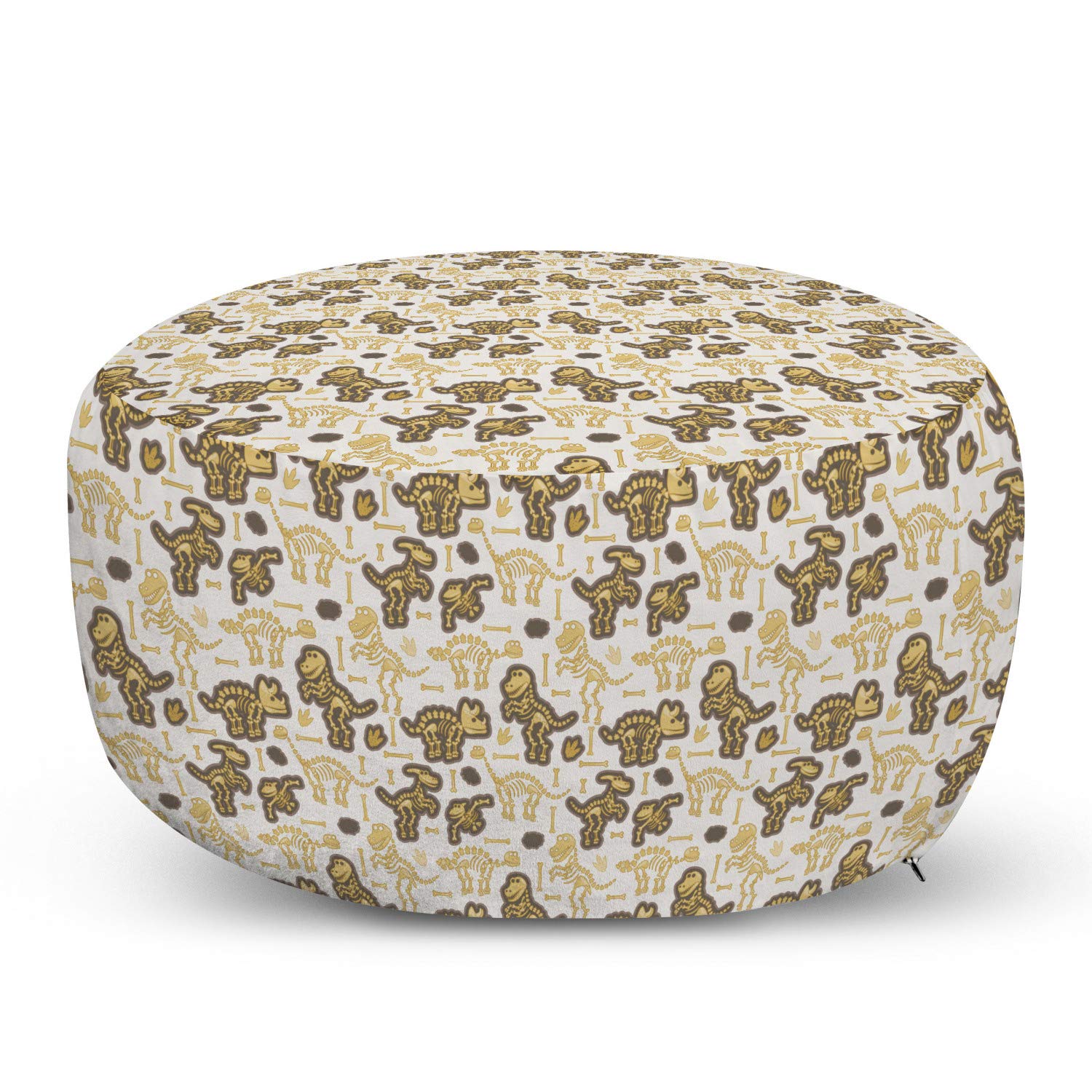 Ambesonne Halloween Ottoman Pouf - Dinosaur Skeletons & Fossil Bones Scary Creature Archaeology Foot Rest with Removable Cover - Soft Decorative Pouf for Living Room, Bedroom, Dorm - Beige, Brown, White - Perfect for Halloween Decor, Movie Nights & Cozy Home Accents