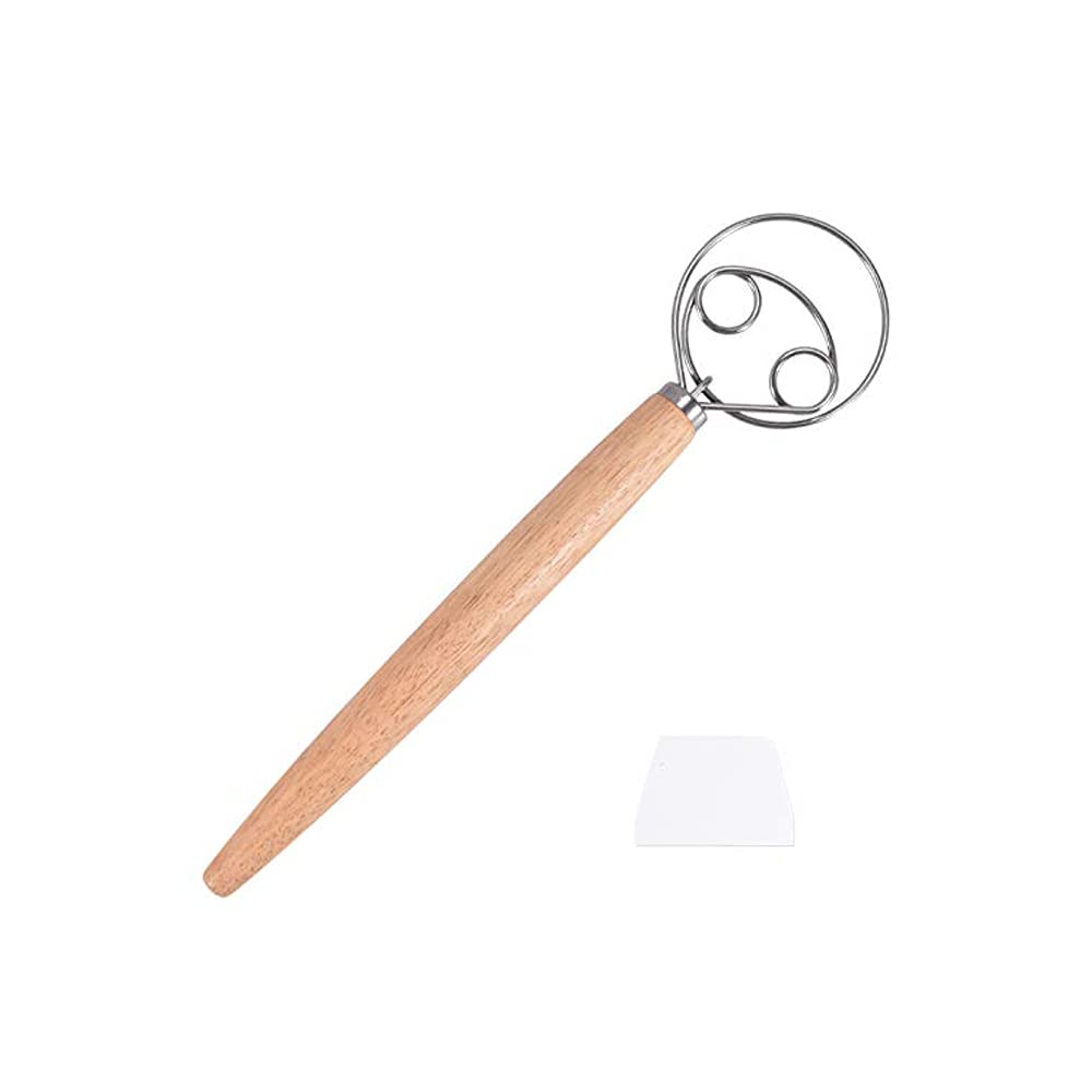 Stainless Steel Danish Dough Whisk with Wooden Handle - Dutch Style Bread Mixer & Scraper for Baking Bread, Pizza, Pastry - Perfect for Home Bakers & Professional Kitchens