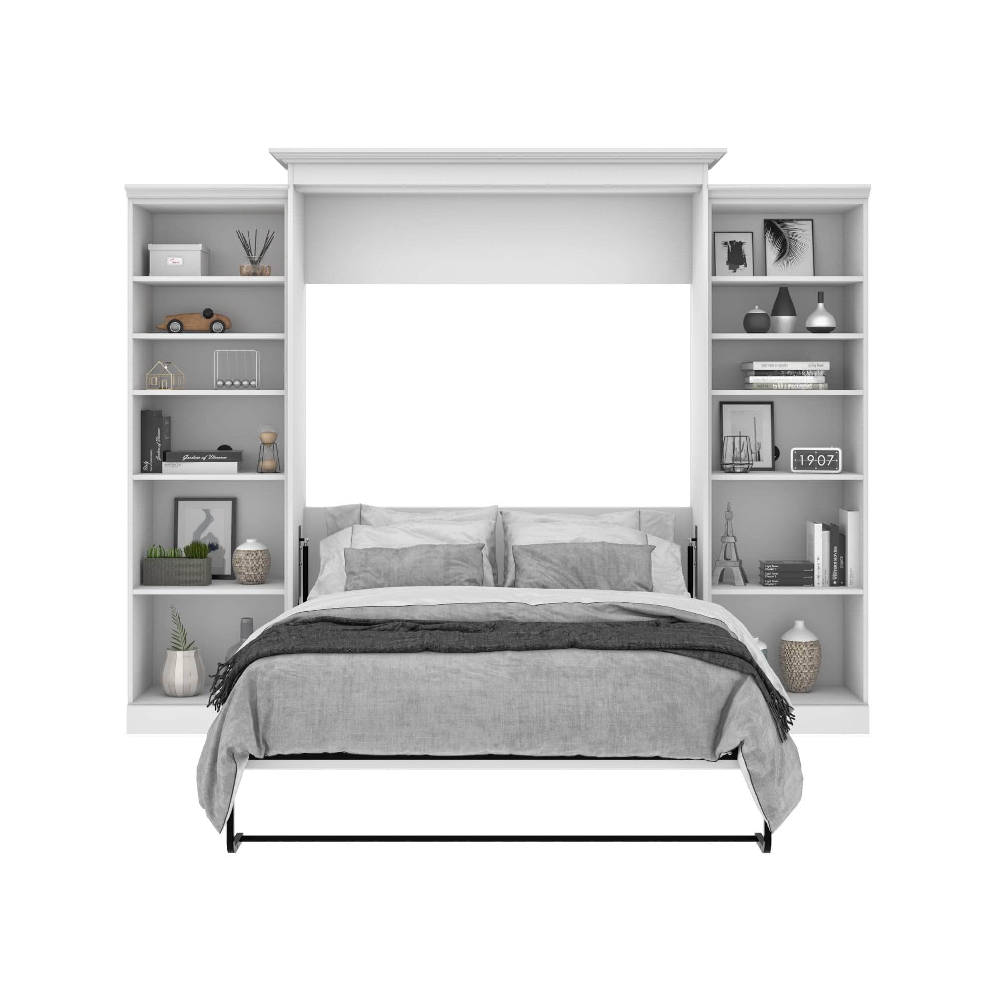 Versatile Queen Murphy Wall Bed with 2 Built-in Storage Units (115 Inch) - Space Saving White Foldable Bed for Small Apartments & Guest Rooms