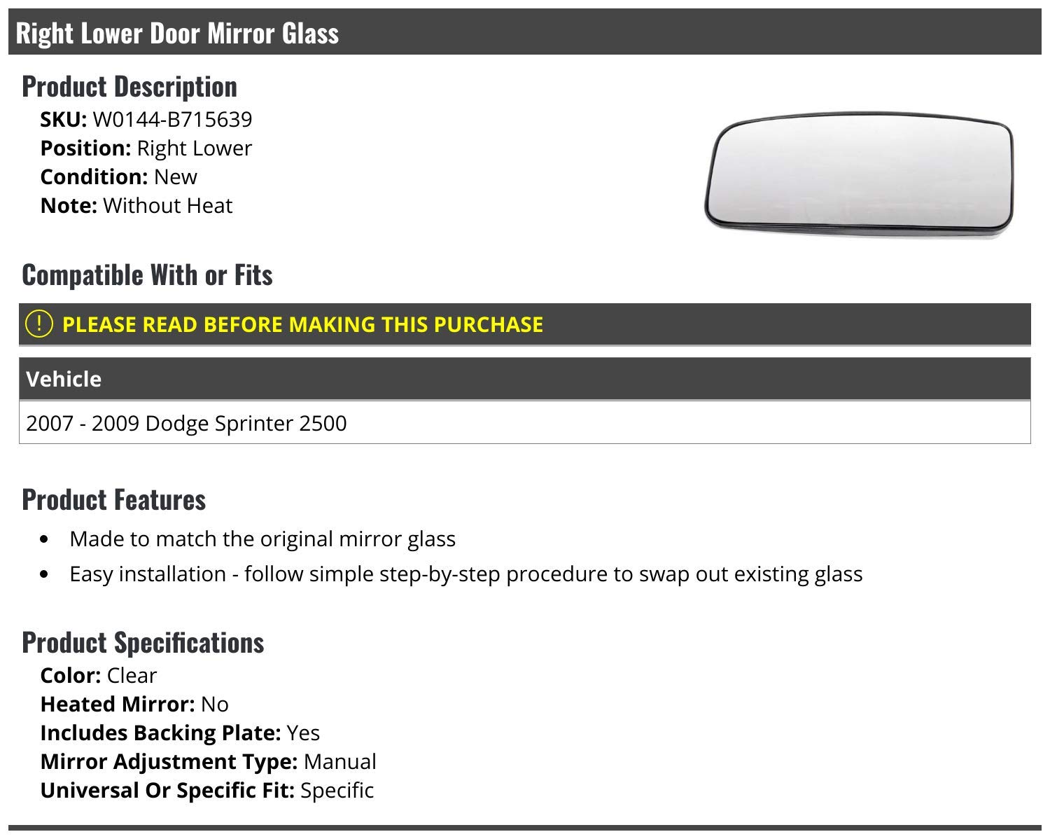2007-2009 Dodge Sprinter 2500 Passenger Side Manual Door Mirror Glass Replacement - No Heat - Perfect for DIY Auto Repair & Van Maintenance