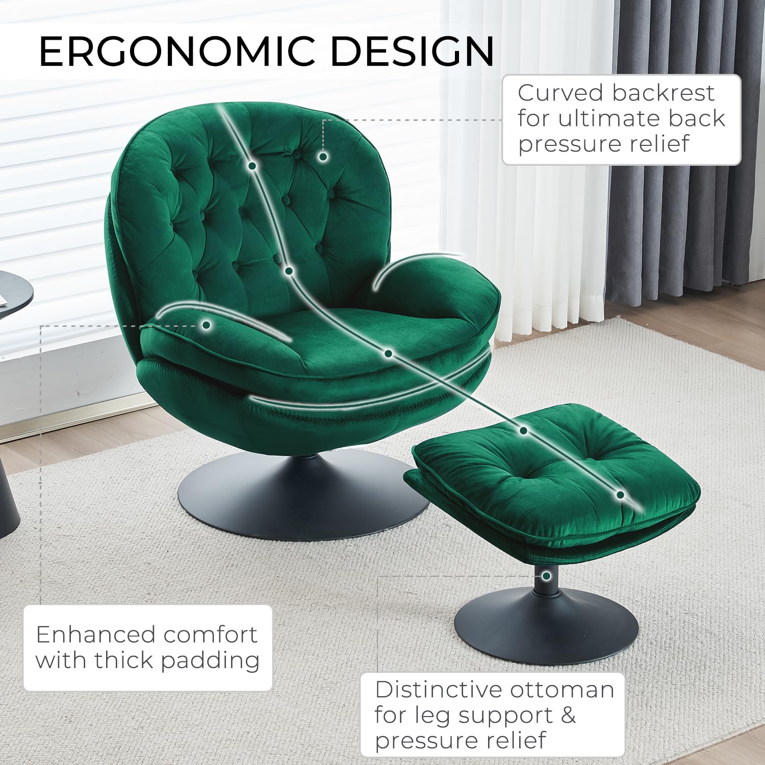 Velvet Swivel Accent Chair with Ottoman Set - Modern Tufted Armchair with Footrest for Living Room & Bedroom - 360 Degree Swiveling Lounge Chair for Adults - Comfortable Reading & TV Watching Chair - Green Velvet Upholstery - Perfect for Relaxing, Entertaining & Small Space Decor