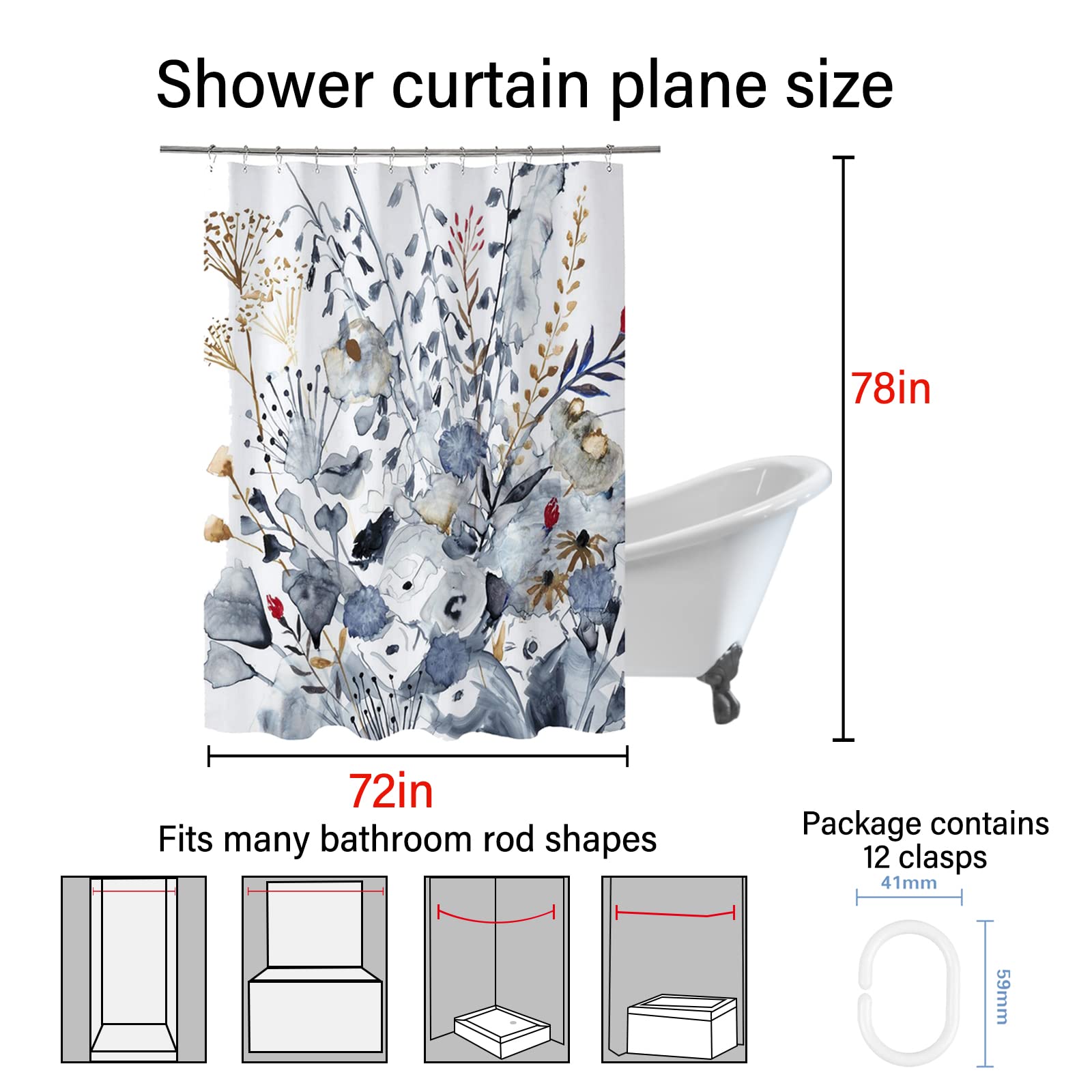 Floral Shower Curtain 72x78 Inches - Waterproof Polyester Bathroom Decor with 12 Hooks - Elegant Bloom Design for Master Bath, Guest Bath & Dorm Room Decor