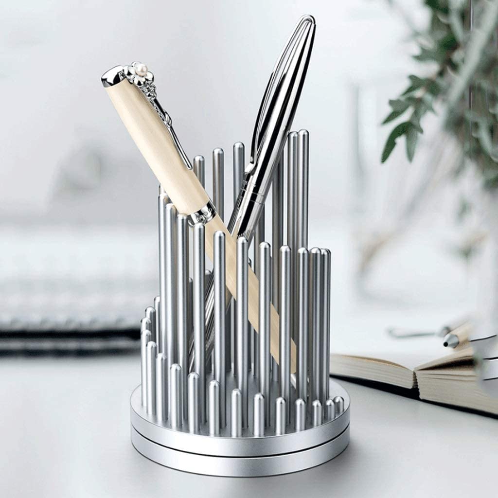 Quick-Rotating Desk Pencil & Pen Holder - Creative Metal Makeup Brush Organizer - Silver Office Stationery for Stress Relief | Perfect for Home Office, Study Desk & Makeup Vanity Organization
