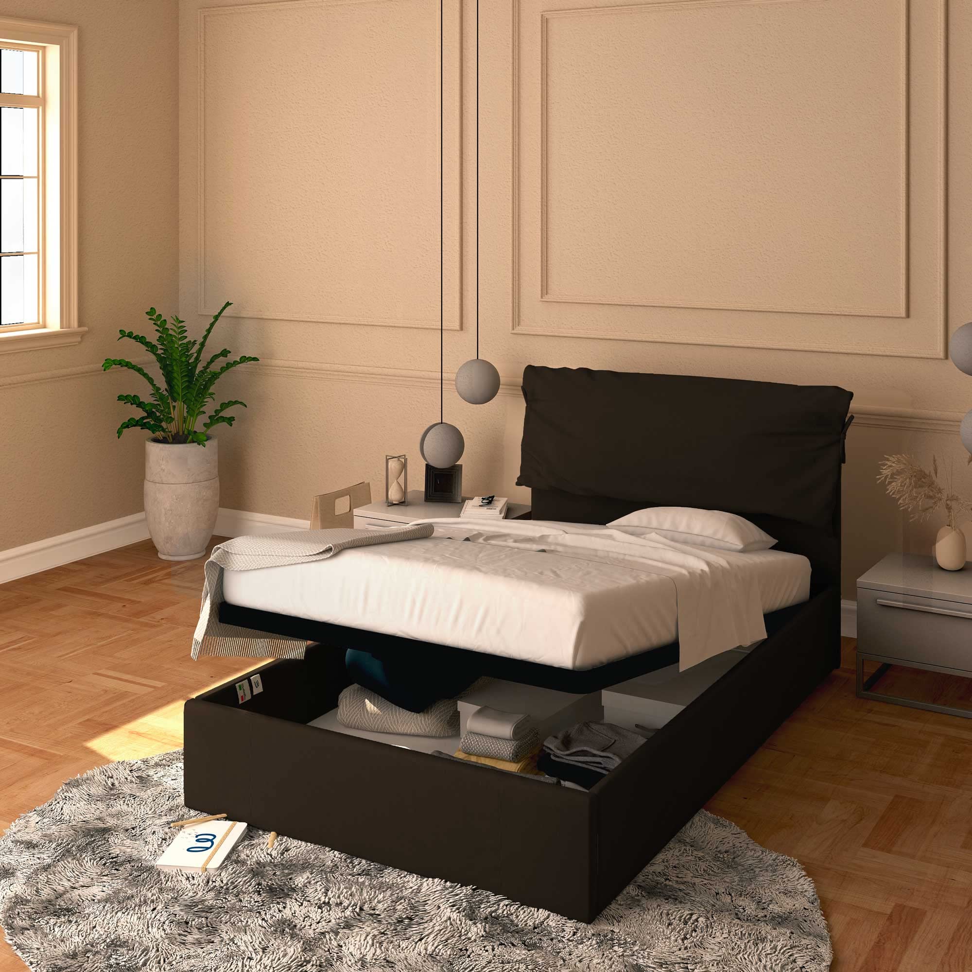 Baldiflex Licia Soft Full & Twin Size Bed Frame with Storage, Synthetic Leather Upholstery, Slatted Base - Fits 120x200cm Mattress, Padded Headboard, Dark Brown - Perfect for Small Bedrooms & Guest Rooms