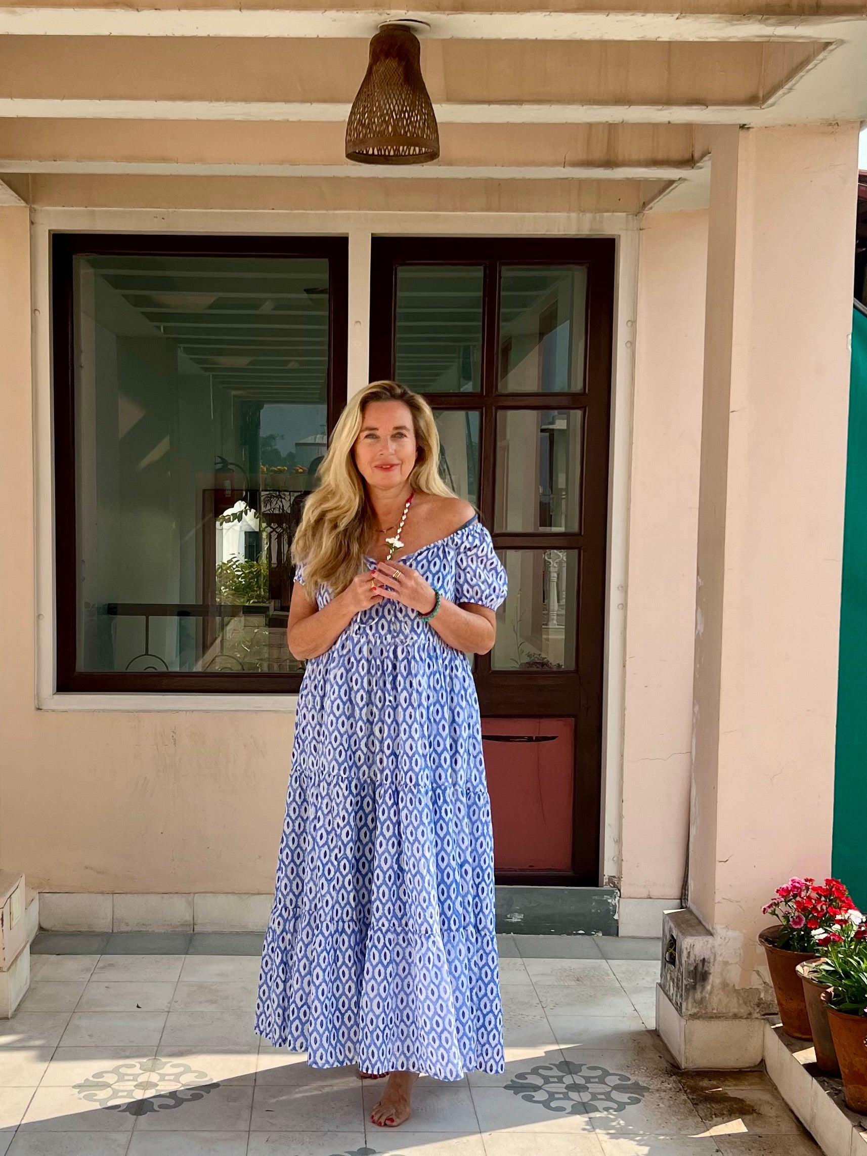 Handmade Boho Maxi Dress for Girls – Blue Hand Block Printed Floral Ishi Daughter Dress – Perfect for Summer Vacations, Beach Trips & Special Occasions