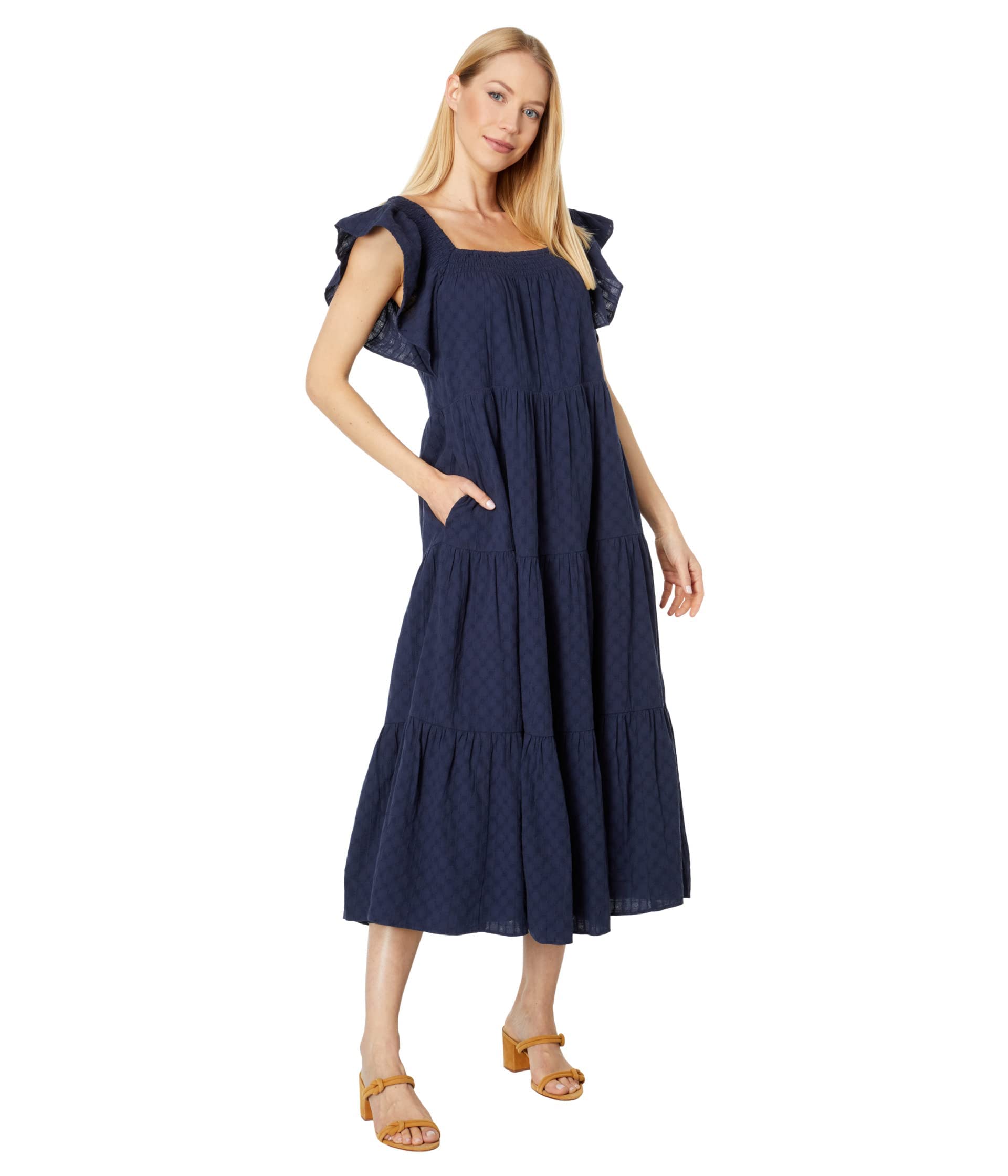 Madewell Ruffle-Sleeve Tiered Midi Dress - Floral Daisy Stitch Design, Women's Casual Summer Dress for Brunch, Date Night & Beach Vacations