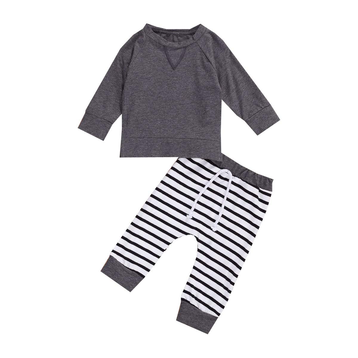 Newborn Baby Clothes Set - 2Pcs Long Sleeve Pullover & Striped Pants for Boys & Girls (6-12 Months, Grey) | Soft Cotton Fall Outfits for Infant Daily Wear & Photo Shoots
