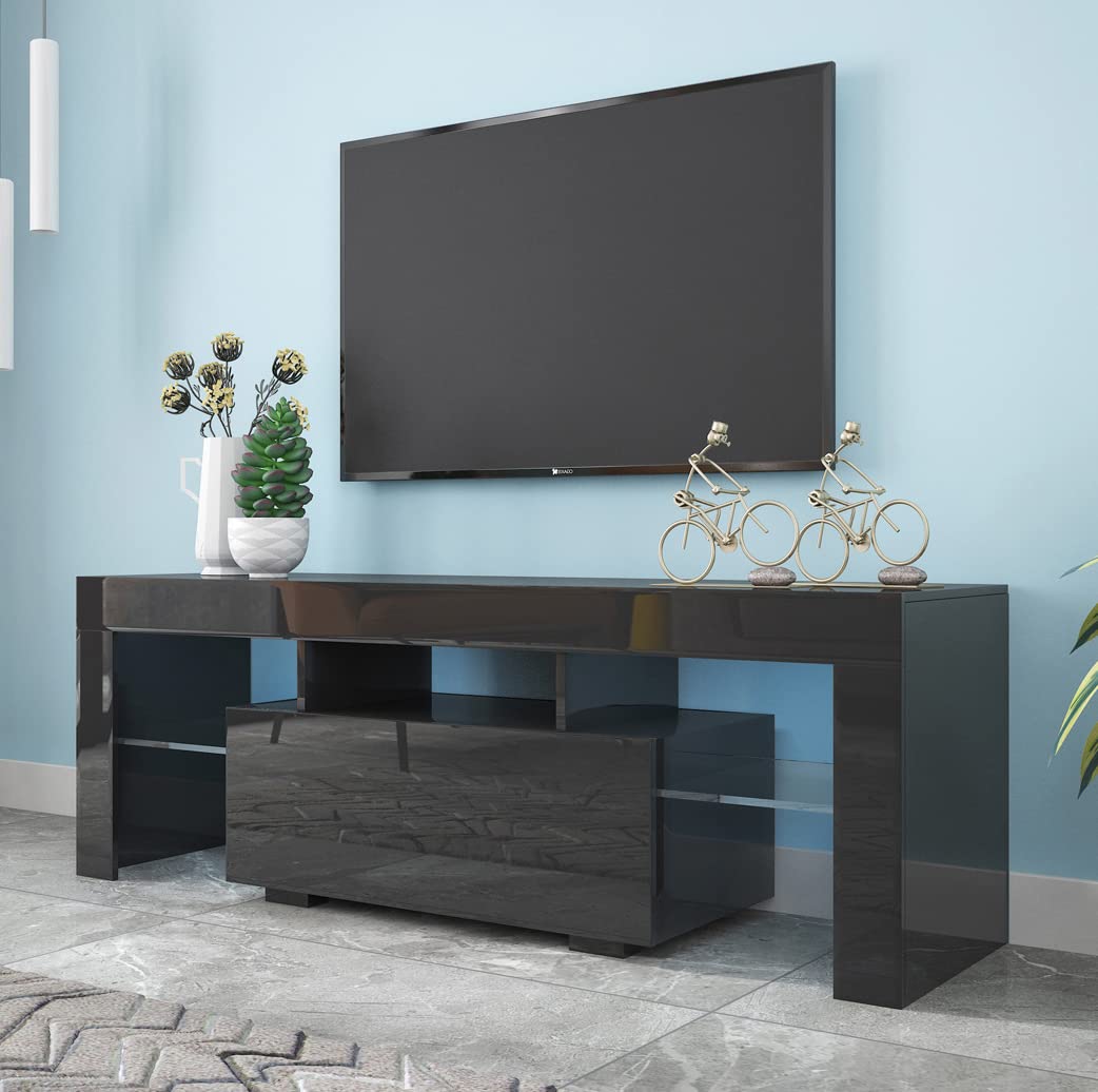 Modern Black TV Stand with LED Lights & Storage for 40-55 Inch TVs - Gaming Entertainment Center & Media Console for Living Room, Bedroom & Home Theater