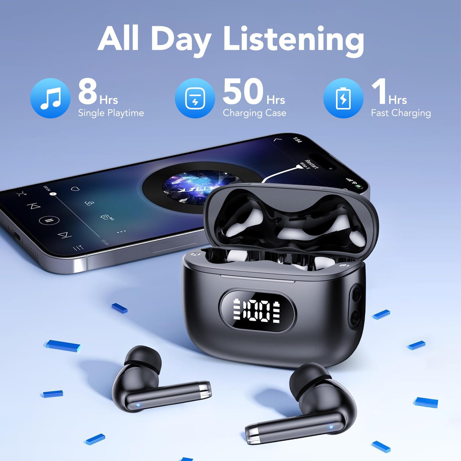 Wireless Bluetooth Headphones 5.3 with ENC Noise Cancelling Mic, Hi-Fi Stereo Sound, 50H Playtime, LED Display & IPX7 Waterproof - Perfect for Gym, Running, Travel & Work Calls