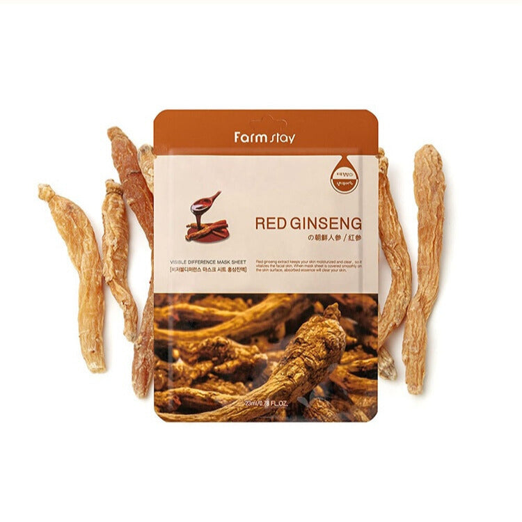 Farmstay Visible Difference Red Ginseng Mask Pack (10 Sheets) - Hydrating & Anti-Aging Face Mask for Glowing Skin - Korean Skincare for Dry Skin & Wrinkles - Perfect for Daily Use & Spa Nights