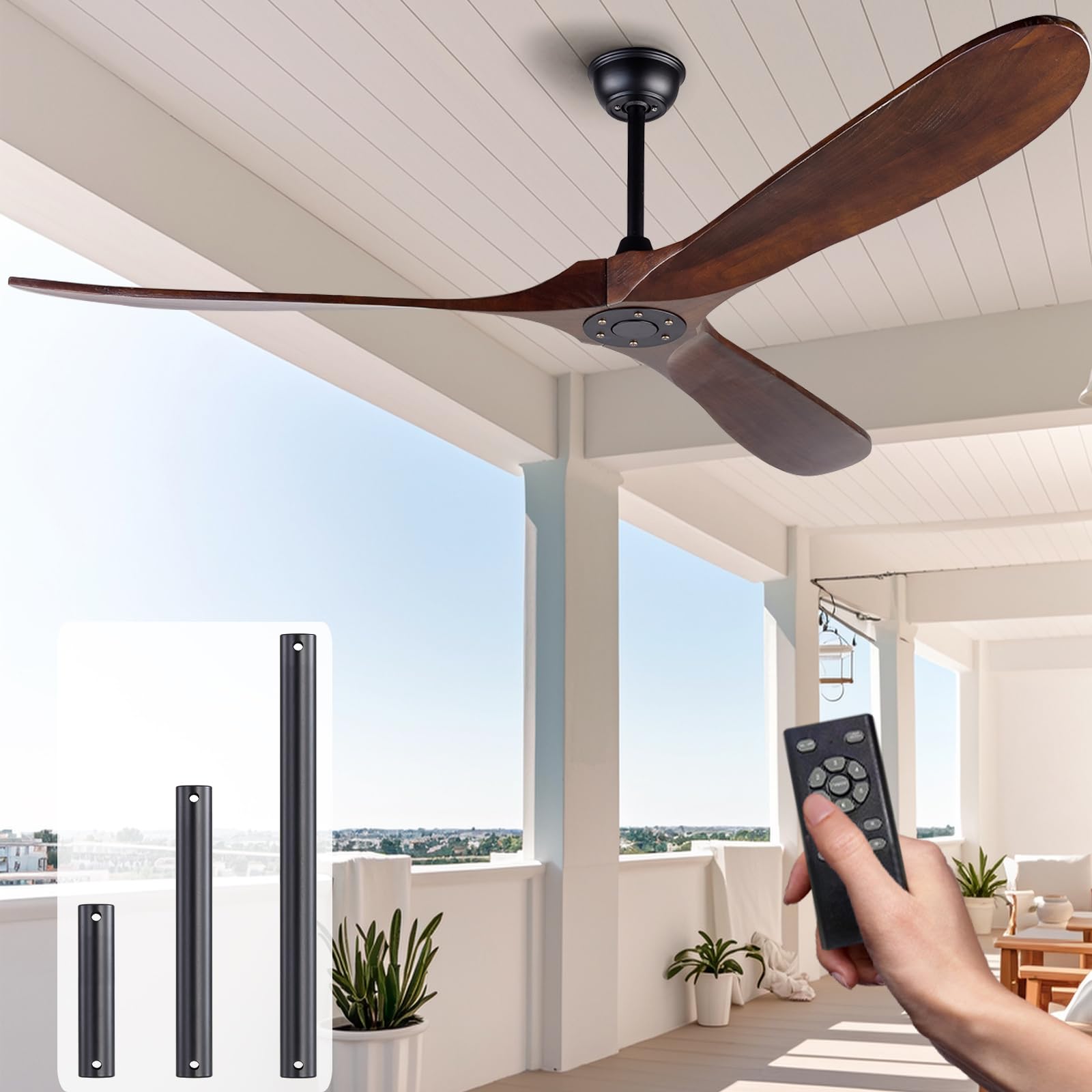 70 Inch Solid Wood Ceiling Fan Without Light - Remote Control, 3 Blades, Waterproof - Natural Wood Indoor/Outdoor Ceiling Fan for Patio, Bedroom, Living Room - Perfect for Cooling Large Spaces with Rustic Charm