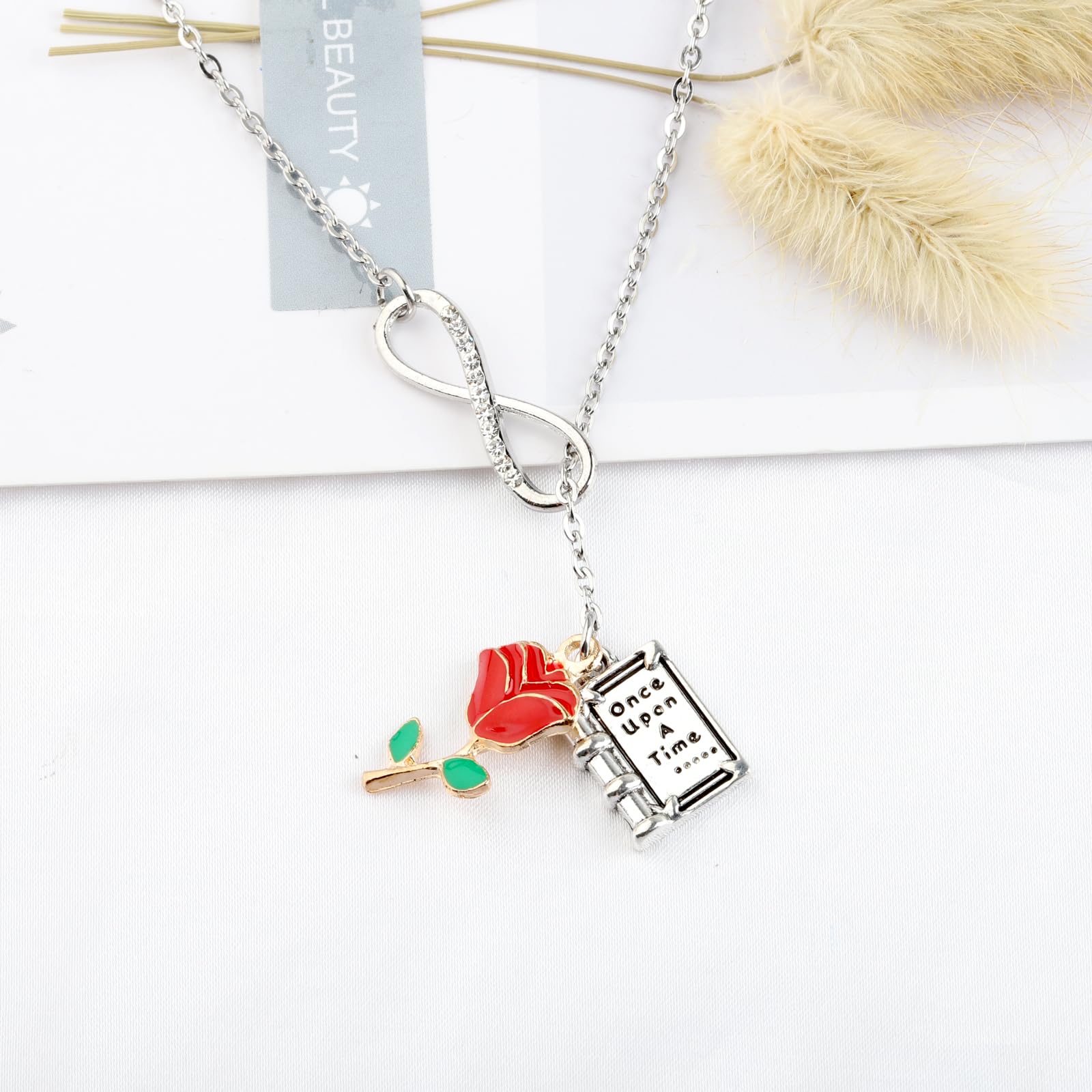 UJIMS Beauty and the Beast Rose Pendant Necklace - Disney Princess Jewelry Gift for Women, Girls (Necklace & Bracelet Set) - Perfect for Cosplay, Birthday Gifts, and Fairy Tale Themed Parties