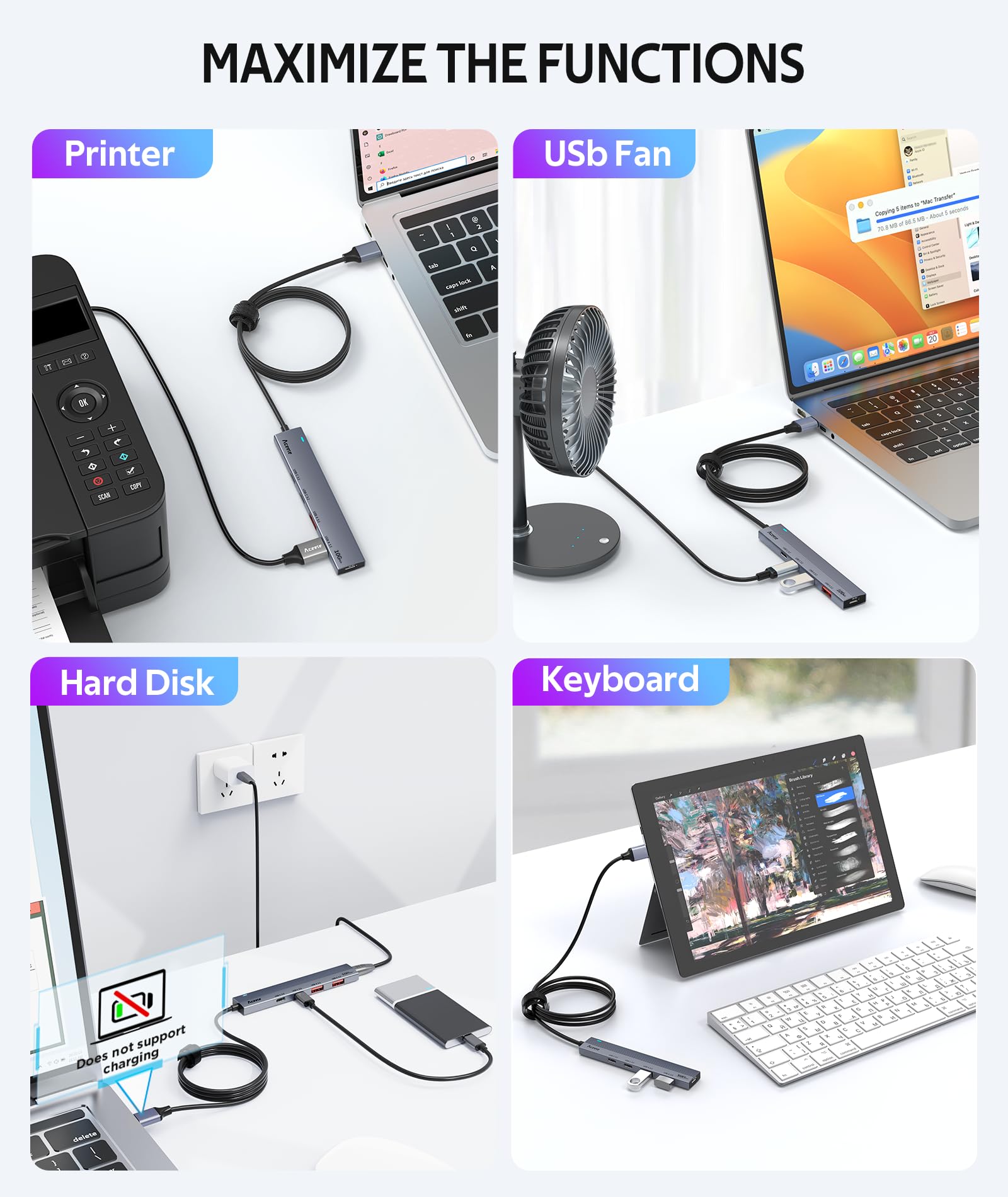 Aceele 10Gbps USB Hub 3.2 with 2 USB A & 2 USB C Ports - High Speed USB Splitter with 4Ft Extension Cable - Aluminum USB Extender for Laptop, PC, PS4/5, Hard Drive - Perfect for Gaming, Work & Data Transfer