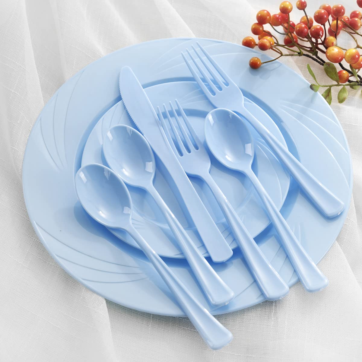 YOUBET 125-Piece Blue Plastic Disposable Plate Set - Includes 25 Dinner Plates, 25 Dessert Plates, 25 Forks, 25 Knives & 25 Spoons - Perfect for Baby Showers, Birthday Parties, Picnics & Outdoor Events