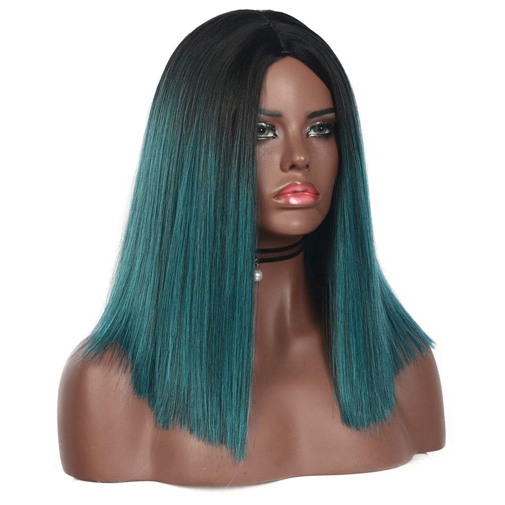Chisu Synthetic Wigs for Women - Glueless Ombre Short Bob Wig, Straight Middle Part 14 Inch, 1B/Blue-Green Color - Perfect for Cosplay, Daily Wear & Costume Parties