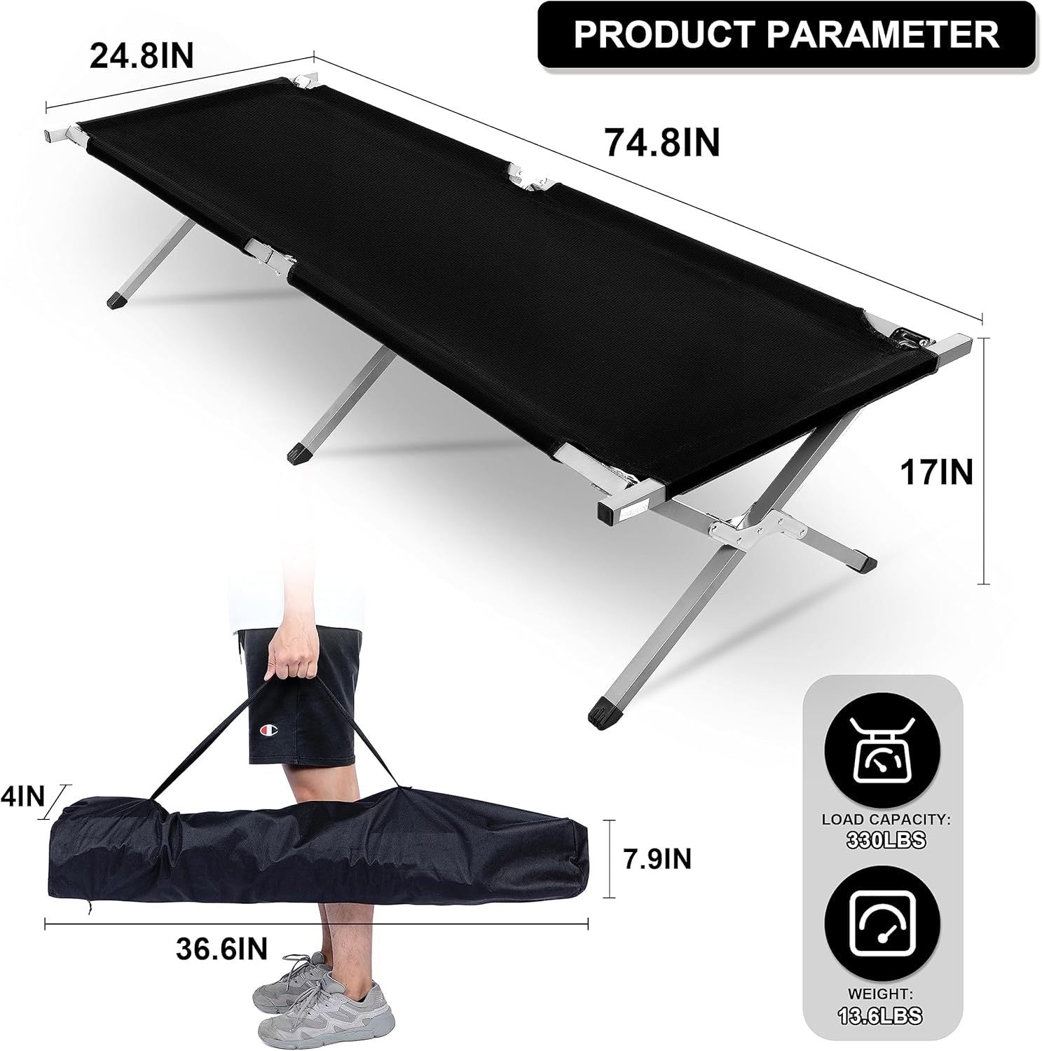 Portable Camping Cot for Adults - Lightweight Folding Cot Bed with Storage Bag - Perfect for Outdoor Camping, Hiking, Travel & Office Naps - Easy Setup - Compact & Durable - 1 Pack