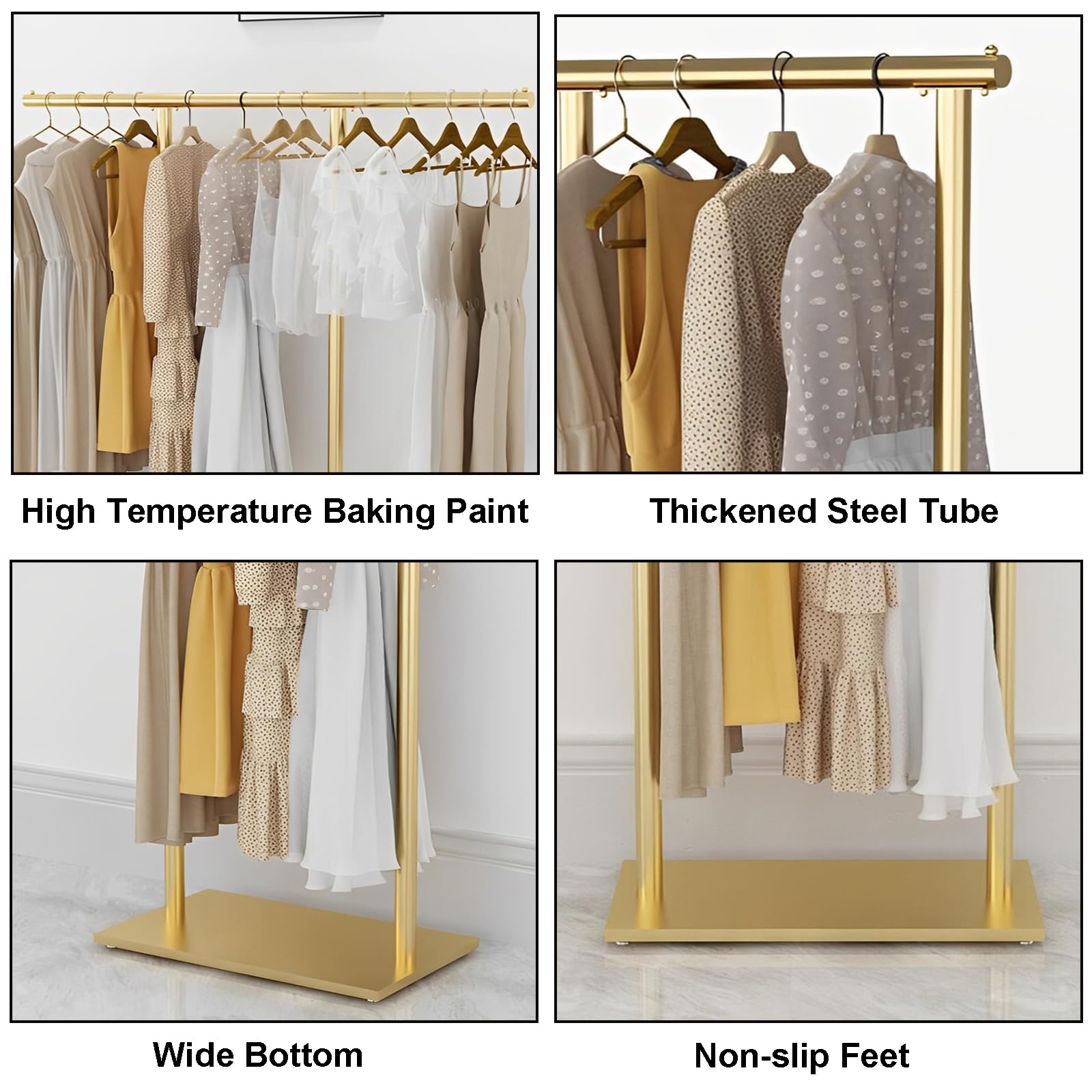 Premium Gold Clothing Rack for Boutique - Double Pole Supported Stable Metal Garment Display Stand - Freestanding Retail Clothes Rack for Bedroom, Laundry Room & Store (39.37