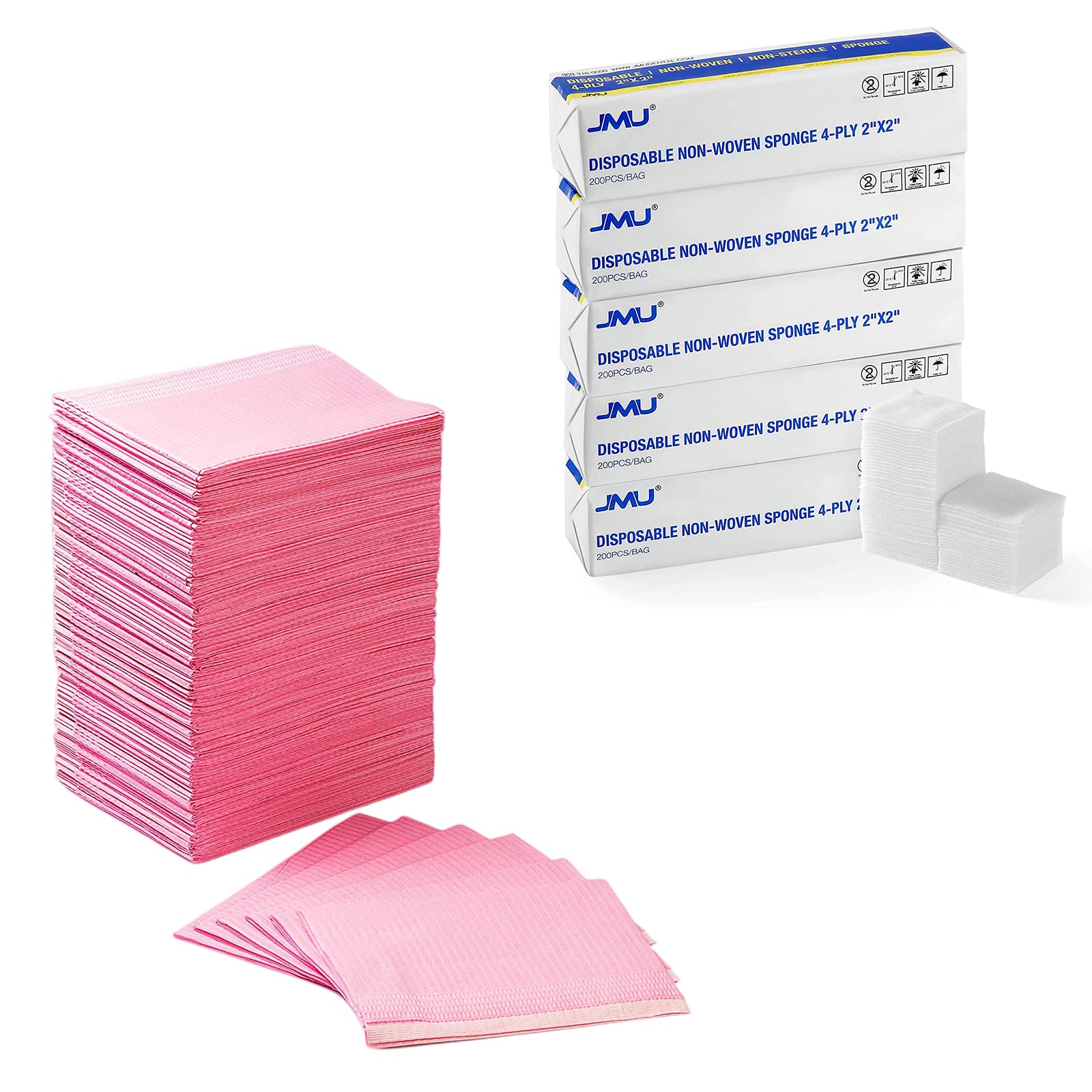 JMU 1000pcs Sterile Gauze Pads 2x2 Inch & 125pcs Pink Dental Bibs - First Aid Wound Care, Dental Procedures, Tattoo Aftercare, Pet Grooming