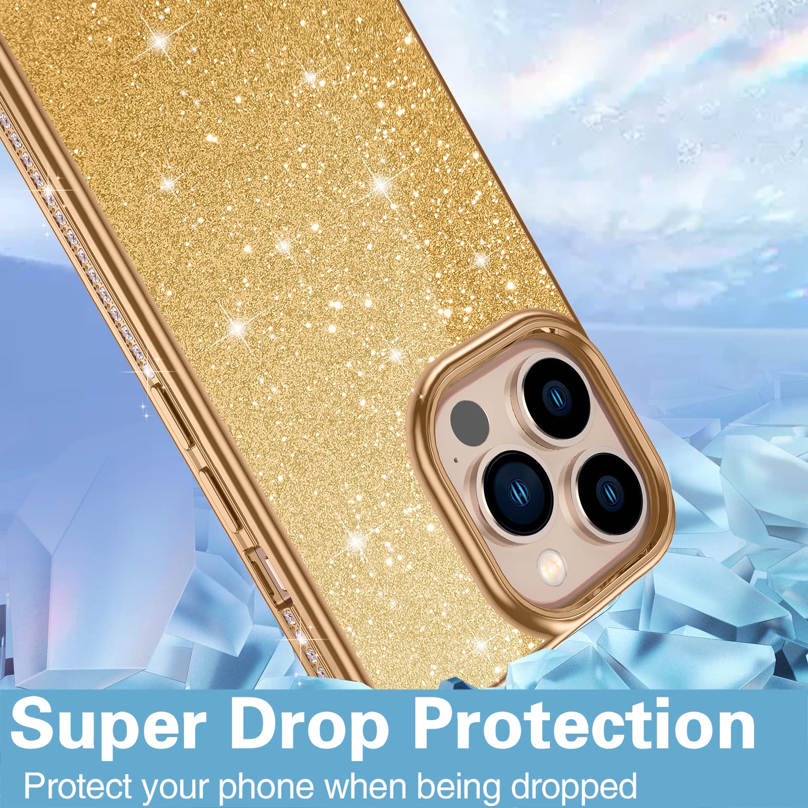 Sparkly Glitter Luxury Diamond iPhone 13 Pro Max Case - Shockproof Slim Fit Protective Cover for Women & Girls (Gold) | Perfect for Parties, Travel & Everyday Use