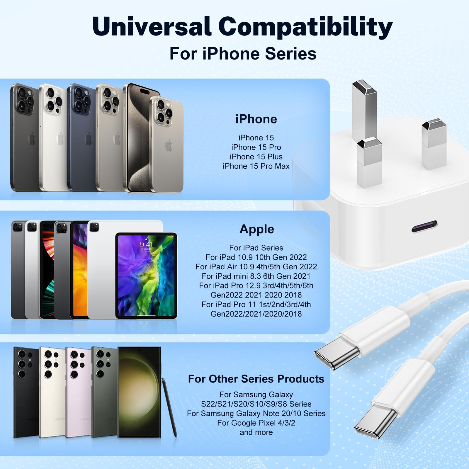 MFi Certified 20W USB-C Fast Charger Plug with 2M USB-C to USB-C Cable - PD Fast Charging for iPhone 16/15 Series, iPad Pro/Air/Mini - UK Wall Power Adapter | Perfect for Home, Office & Travel Charging