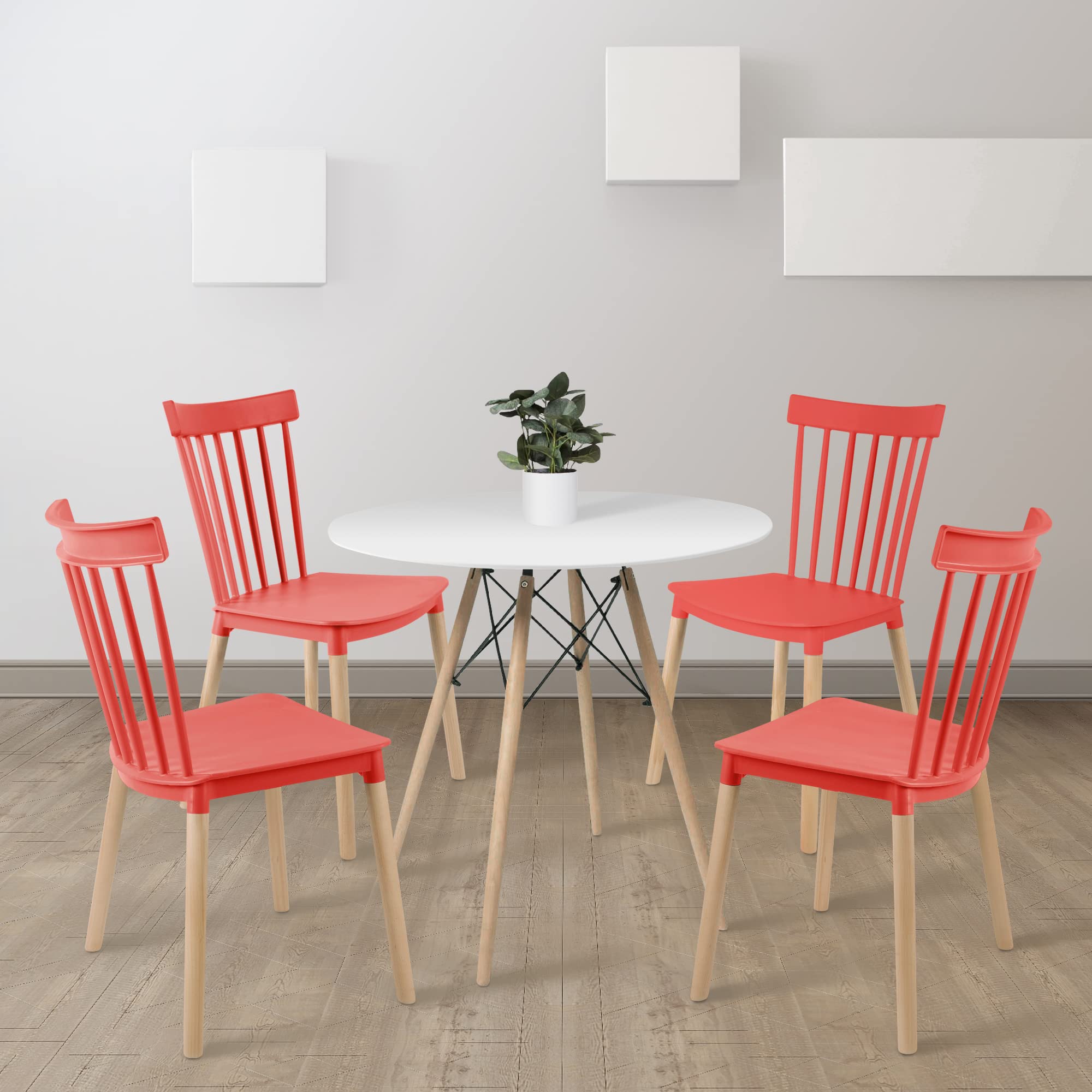 Modern Plastic Armless Dining Chairs with Wooden Legs - Set of 4 Contemporary Stackable Side Chairs for Kitchen, Dining Room, Restaurant, Cafe, Office & Home Decor - Perfect for Small Spaces, Breakfast Nooks and Waiting Areas