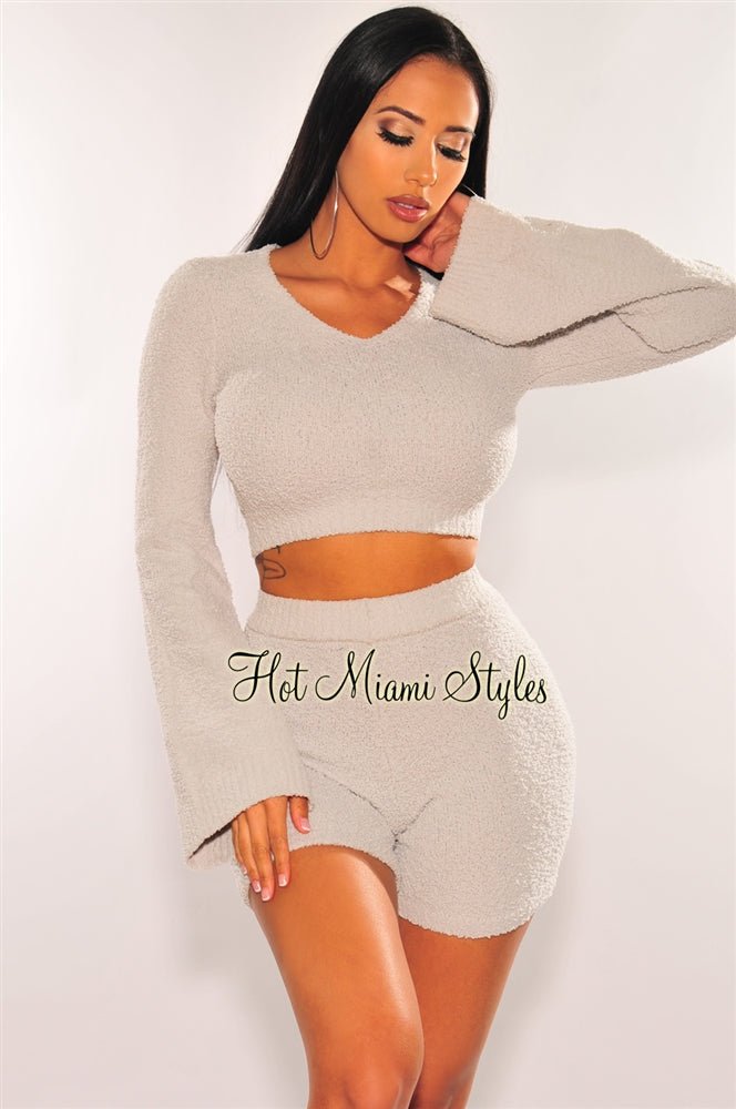 Women's Light Gray Fuzzy Bell Sleeves Biker Shorts Two Piece Lounge Set - Soft Comfort Outfit for Yoga, Home Wear & Casual Street Style