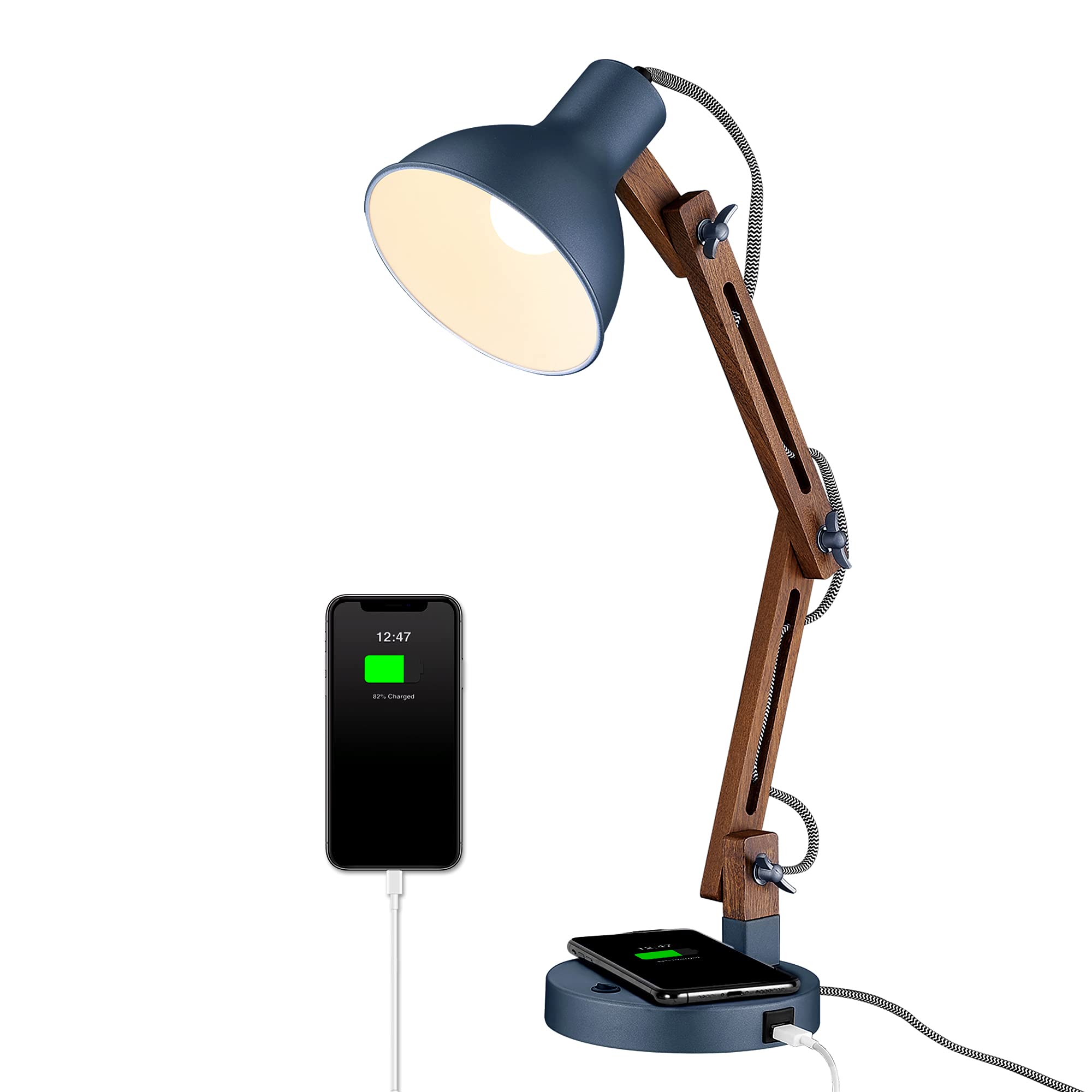 ELYONA Sapele Wood Swing Arm Desk Lamp with Wireless Charger & USB-C Port - Modern LED Task Light for Reading, Office, Bedroom, Dorm, Living Room | Includes Bulb & Fast Charging for Phones, Tablets | Perfect for Home Office, Study & Nightstand Use