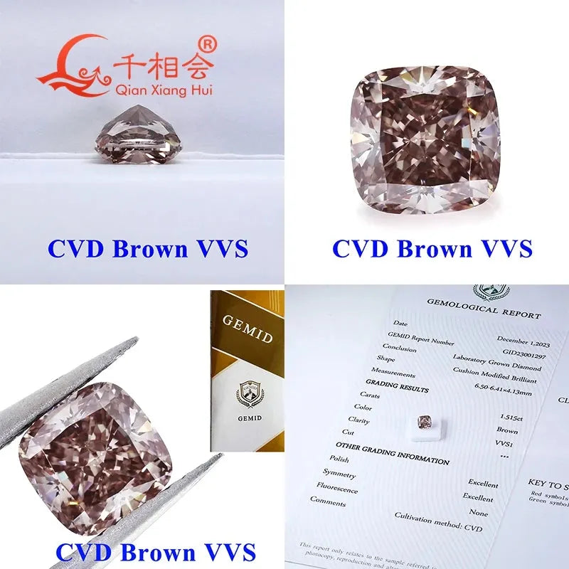 1.5ct Brown CVD Lab Grown Diamond - VS/SI Clarity, Cushion Shape, GEMID Certified Loose Stone for Jewelry Making & Engagement Rings