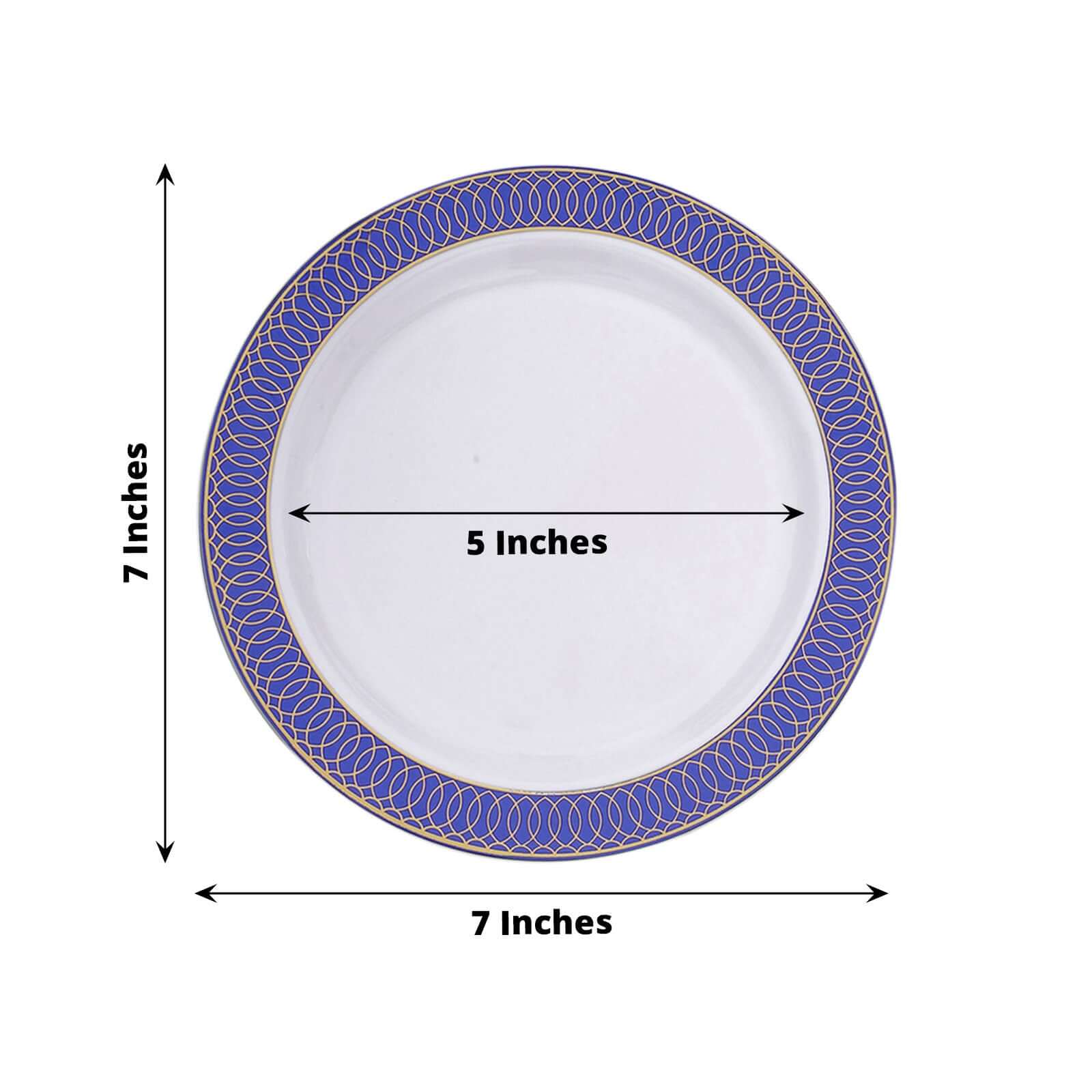 10 Pack White Plastic Round Dessert Plates with Navy Blue & Gold Spiral Rim - Disposable Salad Plates for Parties, Picnics, and Events