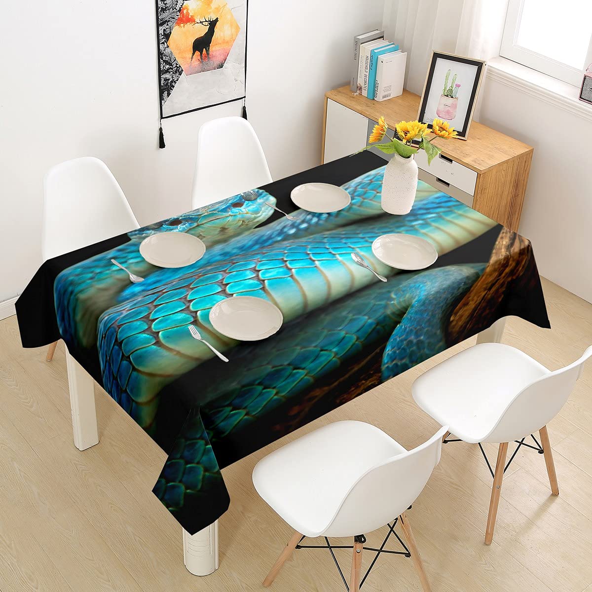 3D Blue Snake Print Tablecloth - Washable Reptile Pattern Table Cover for Dining, Picnic & Home Decor (55 x 71 Inch, Rectangle/Oblong) | Perfect for Halloween Parties, Jungle Theme Events & Exotic Home Styling