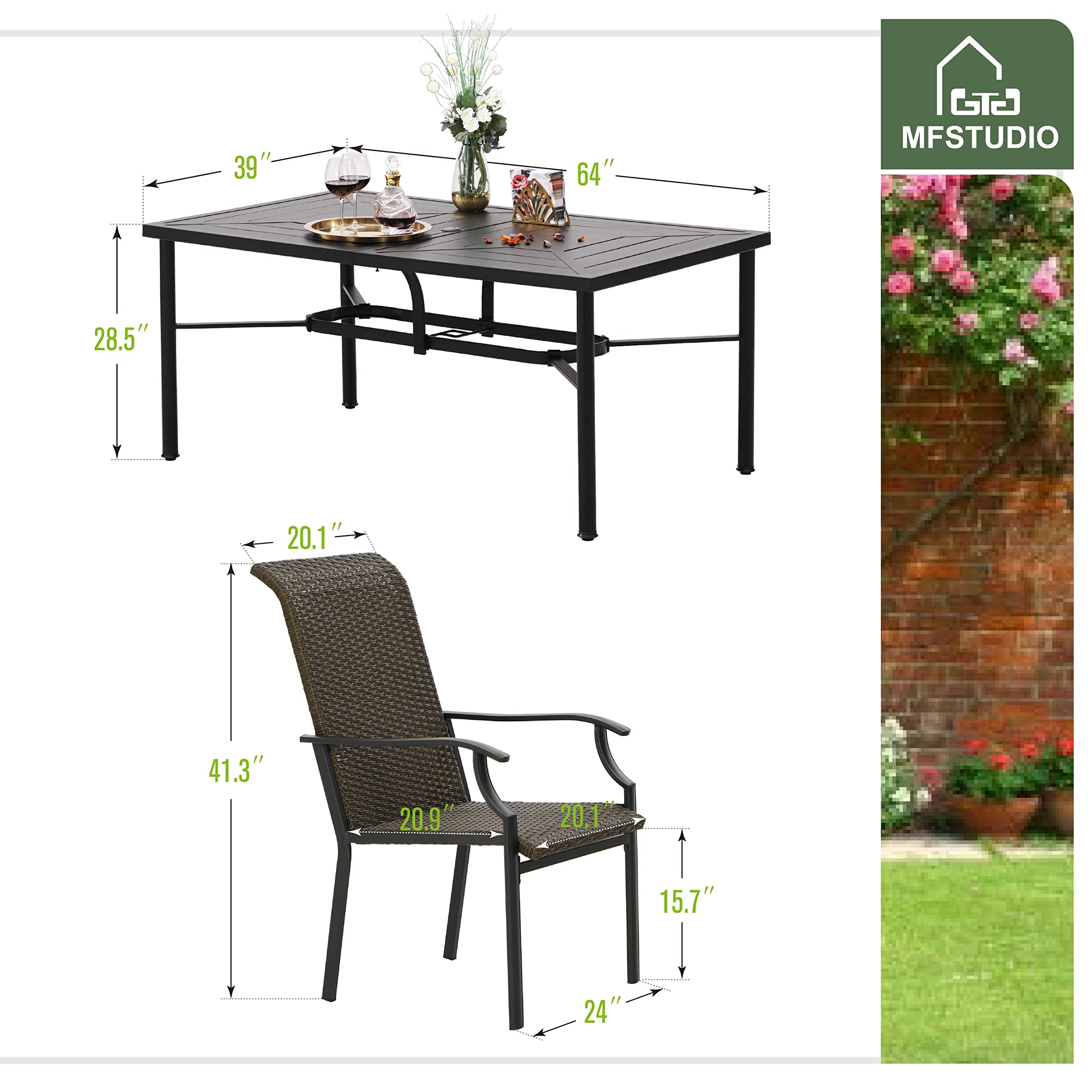 MFSTUDIO 7-Piece Outdoor Dining Set - Black Metal Rectangular Table with 6 Rattan Wicker High-Back Chairs, Patio Furniture for Garden, Backyard, and Poolside Entertaining