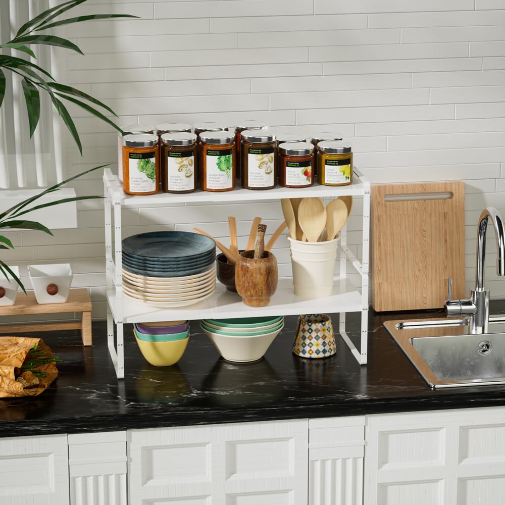Expandable Counter Organizer Shelf - Stackable Cabinet Storage Rack for Kitchen, Bathroom & Pantry (White, 2-Pack) - Perfect for Spice Organization, Small Appliance Storage & Space Saving Solutions