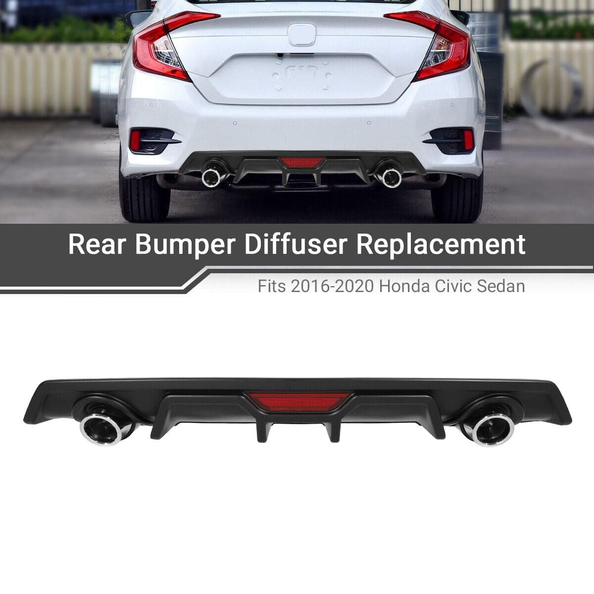 2016-2021 Honda Civic Sedan Rear Diffuser - Matte Black with Decorative Exhaust Tips | Car Body Kit Upgrade for Enhanced Style & Performance | Perfect for Street Racing & Car Shows