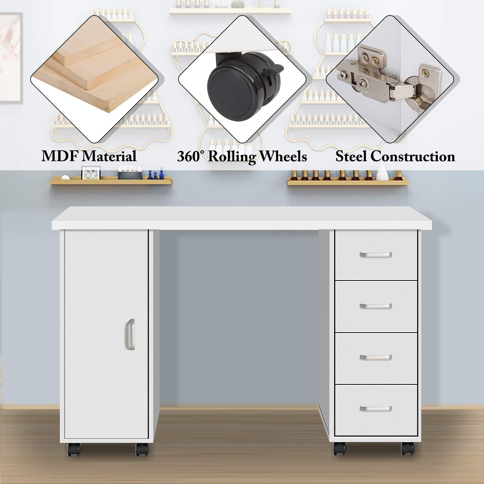 Professional Double-Sided Manicure Nail Spa Table with 4 Drawers & Cabinet - White Wooden Nail Art Technician Workstation for Salon & Home Beauty Business - Perfect for Nail Technicians, Spa Professionals & DIY Nail Enthusiasts