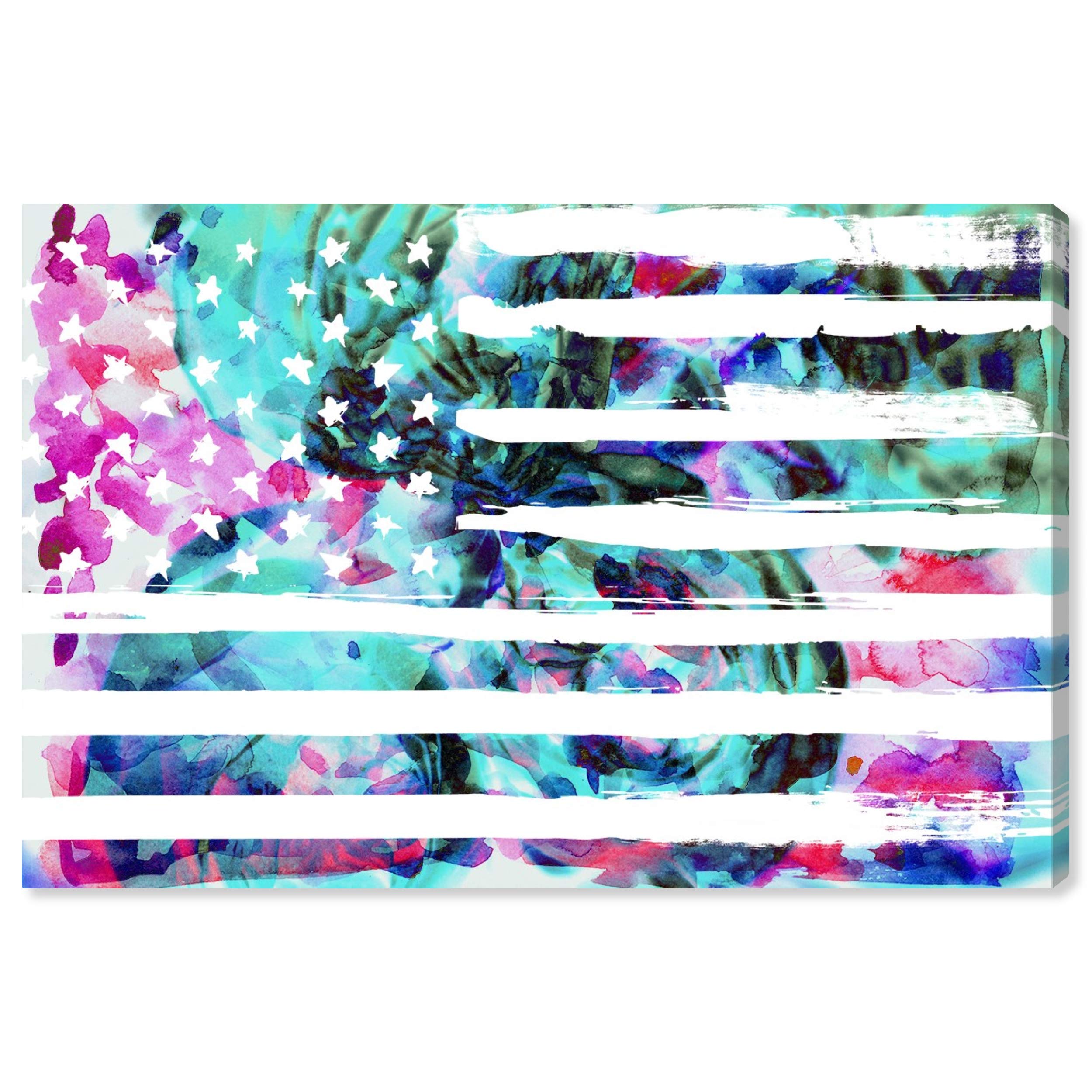 Oliver Gal Artist Co. Patriotic Wall Art Canvas Print 'My America' - 30x20 Inches, Blue & Pink - American Home Decor for Living Room, Bedroom & Office
