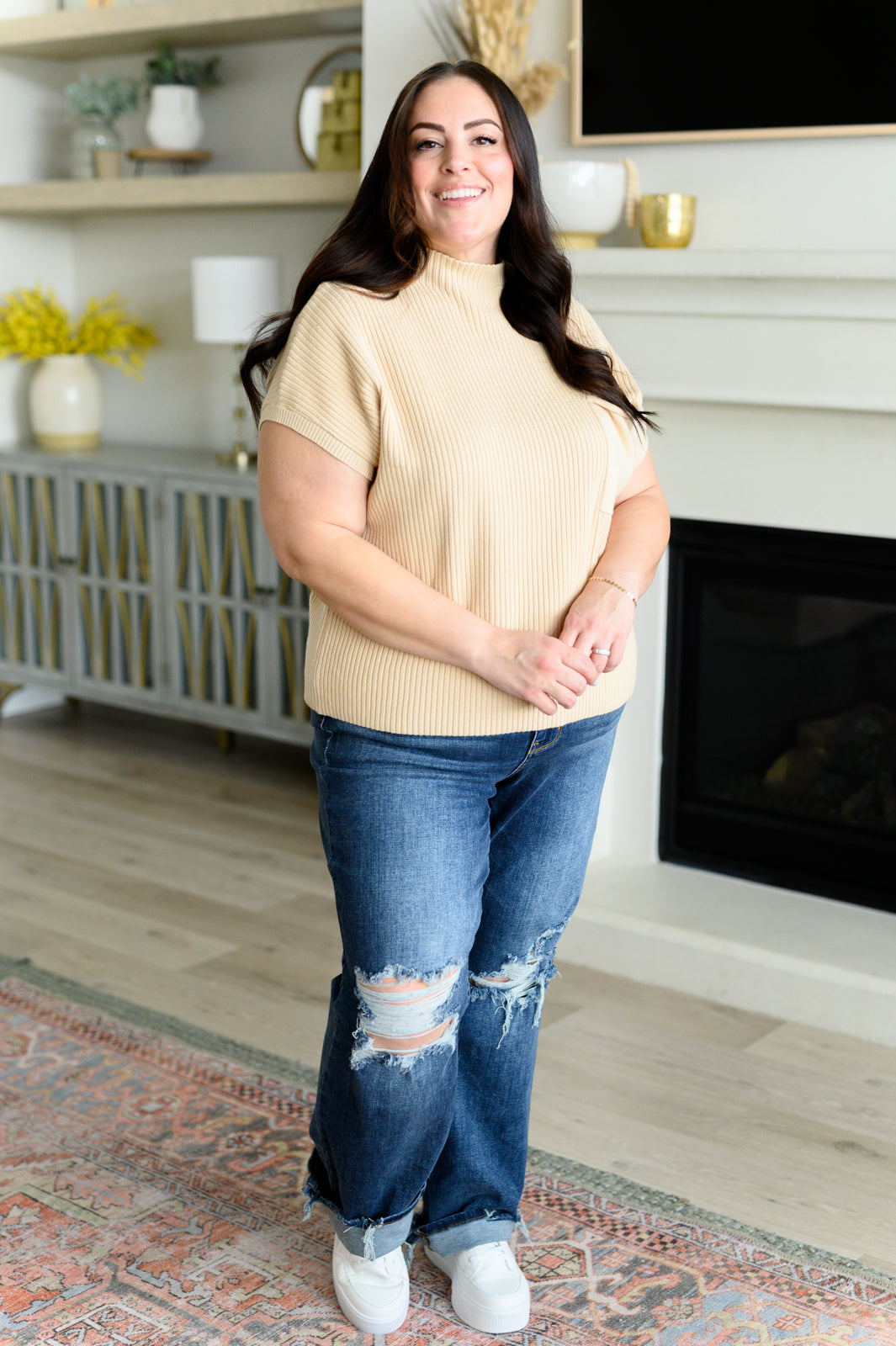 This Little Life Women's Mock Neck Short Sleeve Sweater - Soft Knit Pullover Top in Oatmeal Beige | Casual Outfit for Work, Dates & Fall Layering