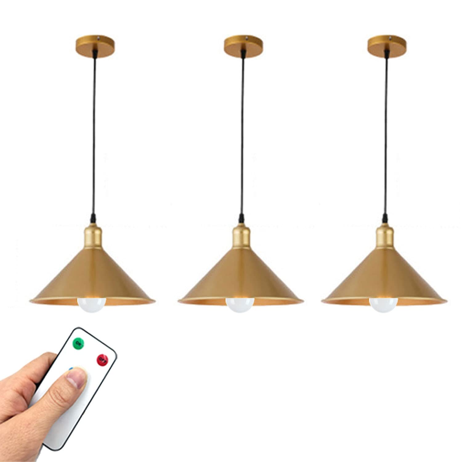 Gold Pendant Light Fixture - 3 Pack Wireless Battery Operated Pendant Lights with Remote Control, 400 Lumens Self-Charging LED Bulbs Included - Farmhouse, Kitchen Island, Dining Room, Bedroom Ceiling Lighting Decor (Gold Finish)