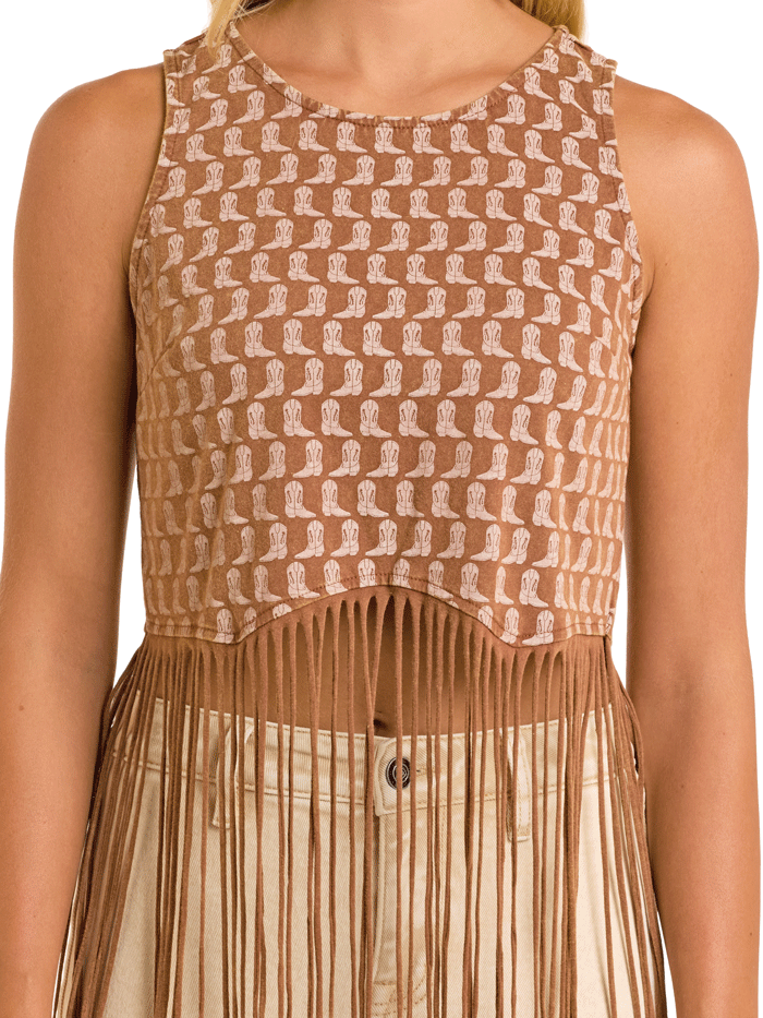 Rock & Roll Denim BW20T06310 Women's Boot Print Fringe Sleeveless Top Brown - Perfect for Concerts, Music Festivals & Boho Chic Outfits