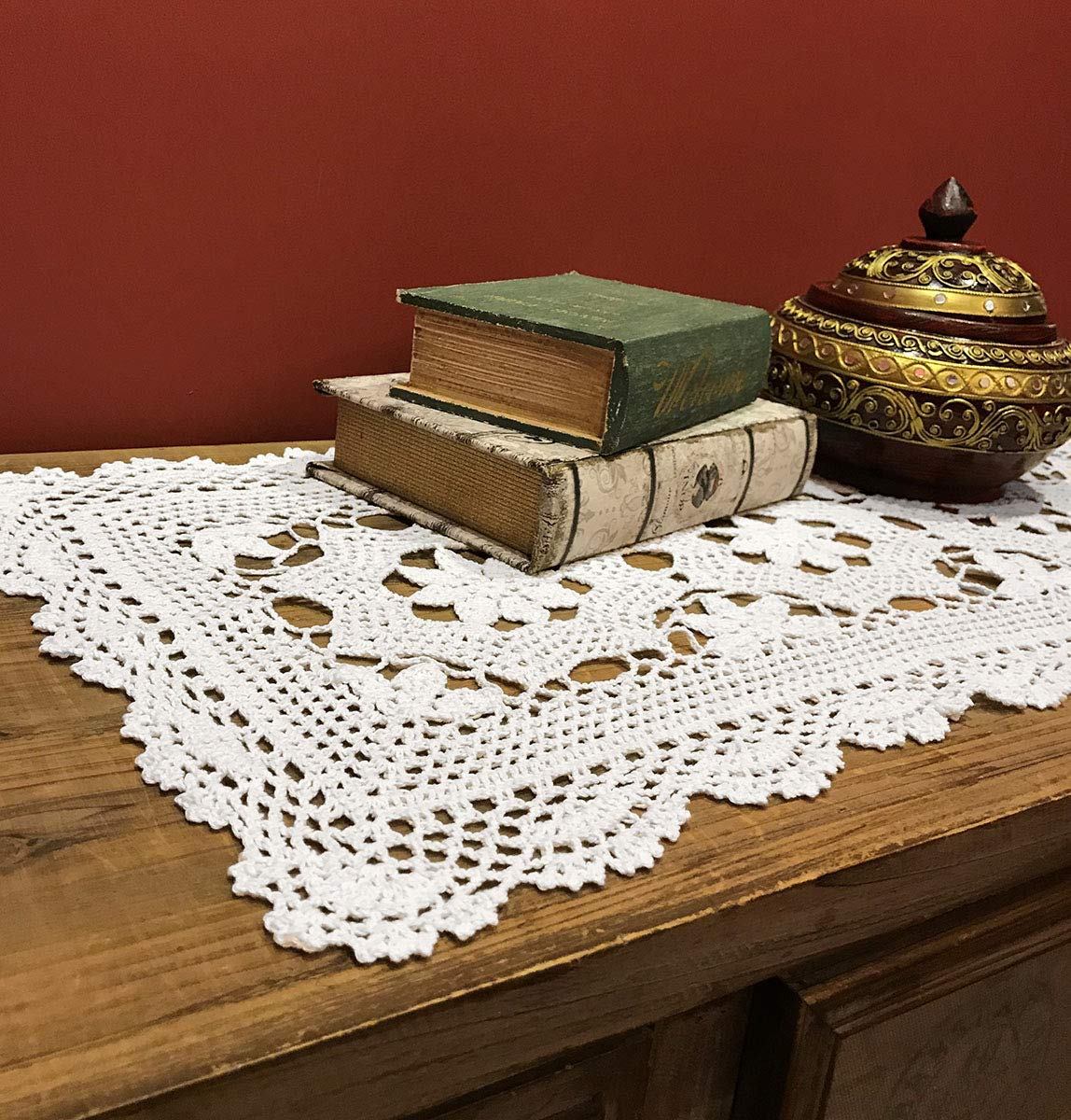Handmade White Crochet Cotton Table Runner - 16x35 Inch Lace Doily Rectangular Dresser Scarf for Dining Table, Coffee Table, and Home Decor