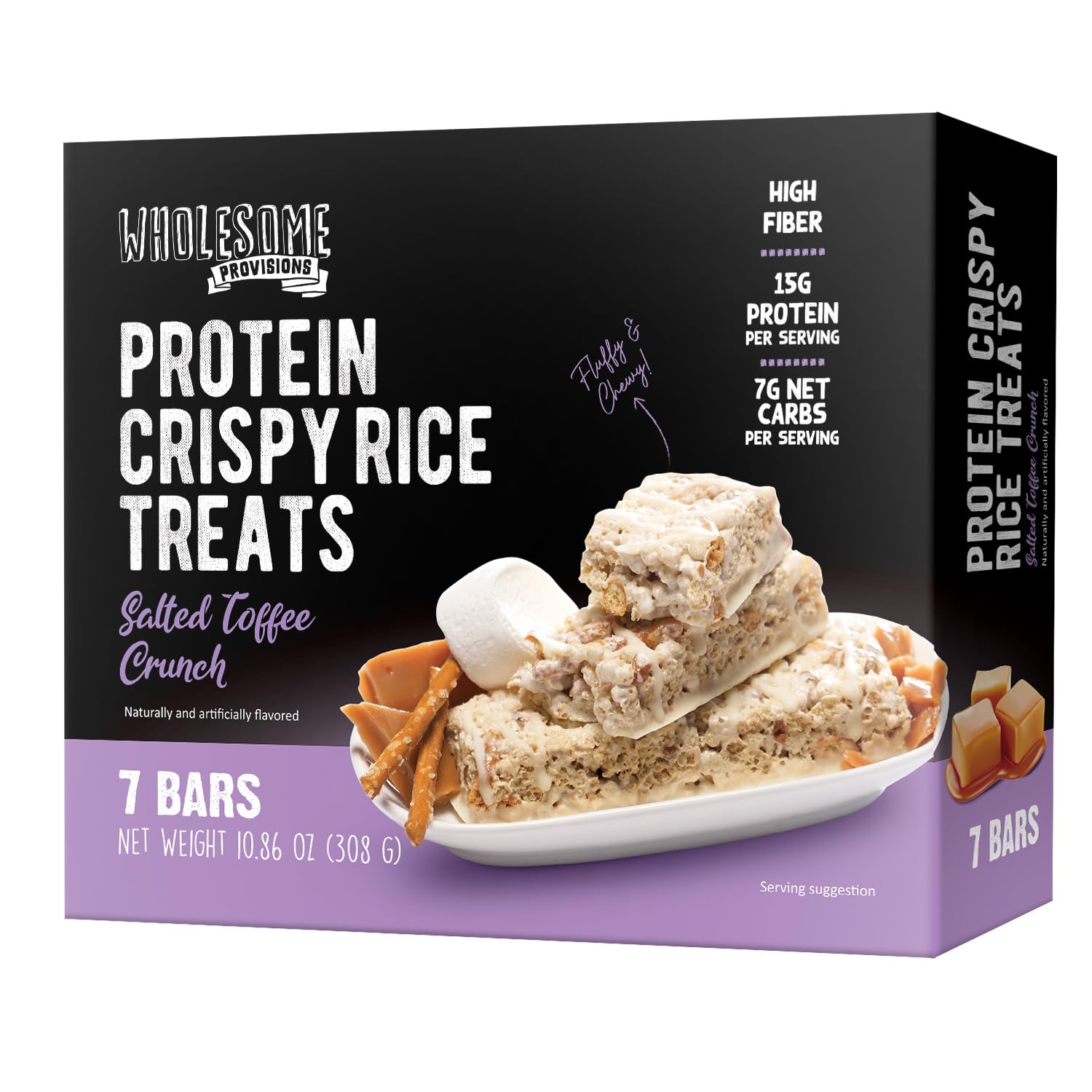 High Protein Crispy Rice Treats - 15g Protein, 3g-7g Net Carbs, Low Carb Keto Snacks - Gluten Free, High Fiber, Soft & Chewy with No Aftertaste (Salted Toffee Crunch, 1 Pack) - Perfect for On-the-Go Keto Diet & Healthy Lifestyle