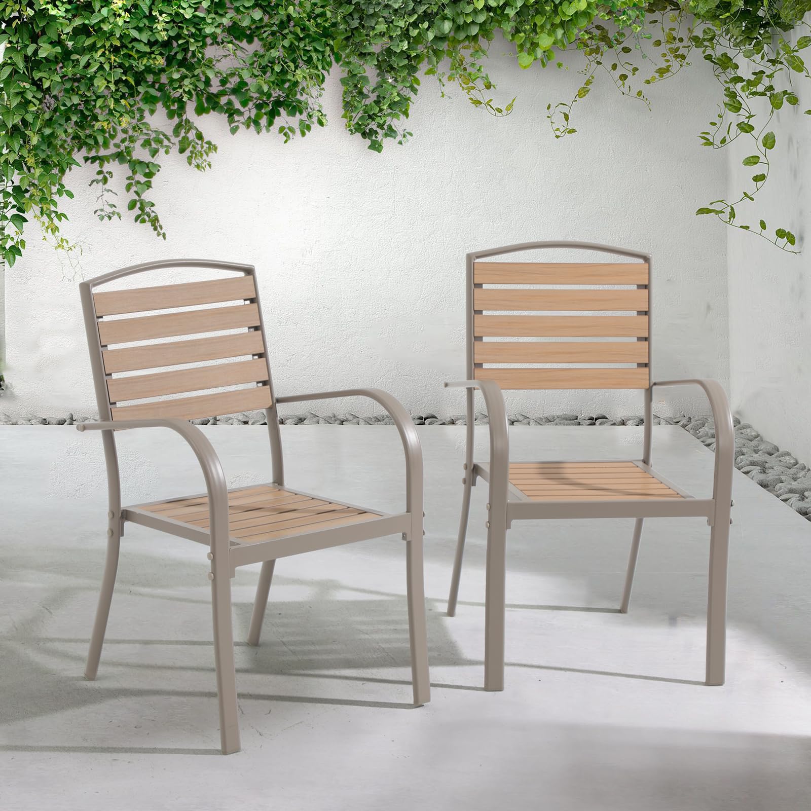 Premium Aluminum Outdoor Dining Chairs Set of 2 - Stackable All-Weather Patio Chairs with Armrests, Faux Wood Finish in Teakwood Brown - Perfect for Backyard, Garden, Restaurant & Bistro Settings