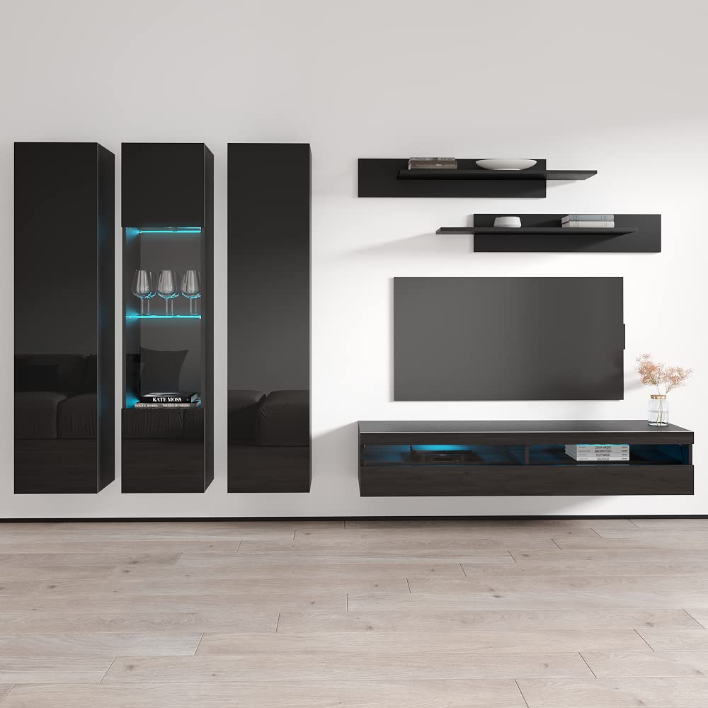 Modern Floating TV Stand with Storage & LED Lights - Wall-Mounted Entertainment Center Console for Bedroom & Living Room - Meble Furniture Fly C5 35