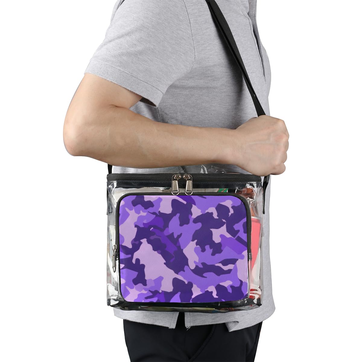 GzLeyigou Fashion Purple Camouflage Clear Tote Bag with Handles - Transparent Crossbody Shoulder Bag for Women - Perfect for Outdoor, Travel, Picnic, Concerts & Sports Events (Stadium Approved) - Great for Shopping, Beach & Music Festivals