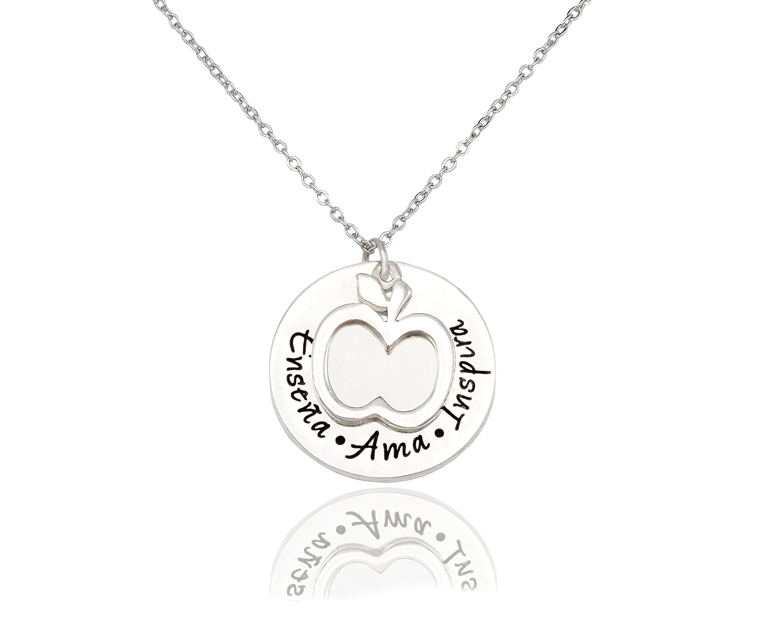 Quan Jewelry - Spanish Apple Pendant Necklace with 'Enseña Ama Inspira' Engraving, Latin Teacher Gift Set with Greeting Card - Perfect for Teacher Appreciation Week, Graduation Gifts & Hispanic Heritage Month Celebrations