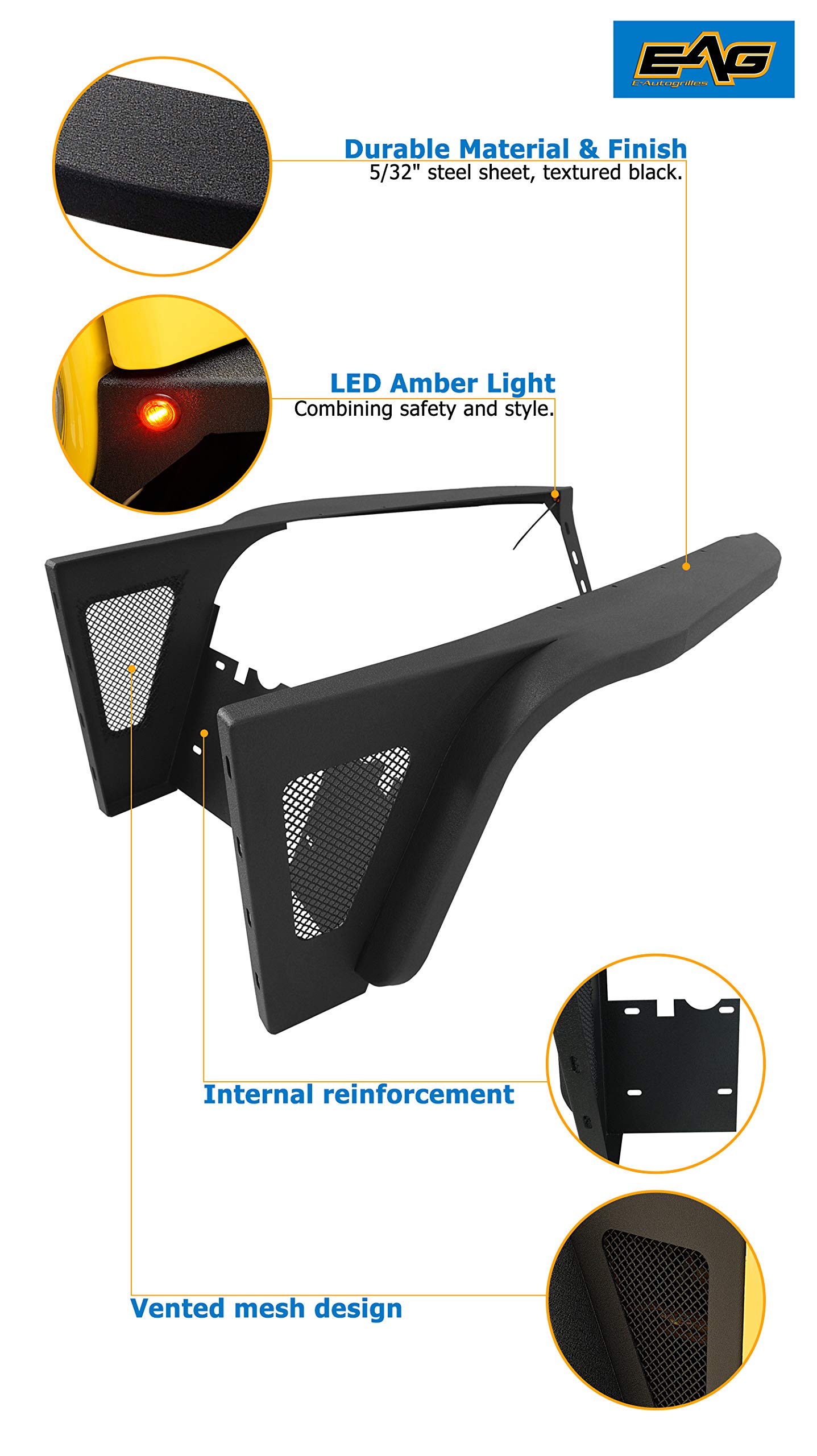 EAG Steel Front Fender Flare with LED Lights for Jeep Wrangler TJ 1997-2006 | Off-Road Accessories for Enhanced Style & Protection