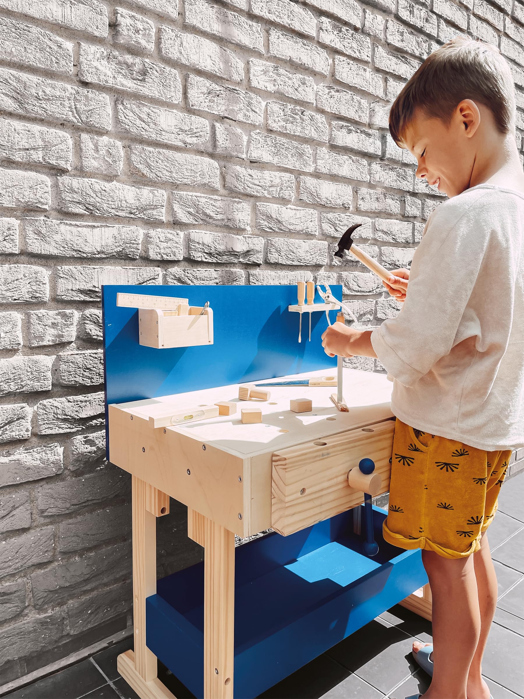 Natural and Blue Wooden Workbench for Kids Ages 8+ | Large Worktop with Tools Included | Perfect for DIY Projects, Woodworking, and STEM Learning Activities